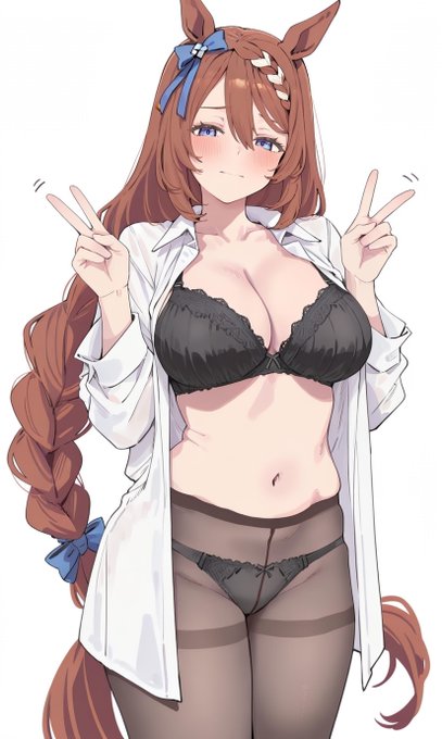 2d, ai generated, animal ears, big breasts, double v, female, female only, horse girl, kawaiiroom 01, lingerie, long hair, looking at viewer, red hair, super creek (umamusume), umamusume, umamusume pretty derby, v sign