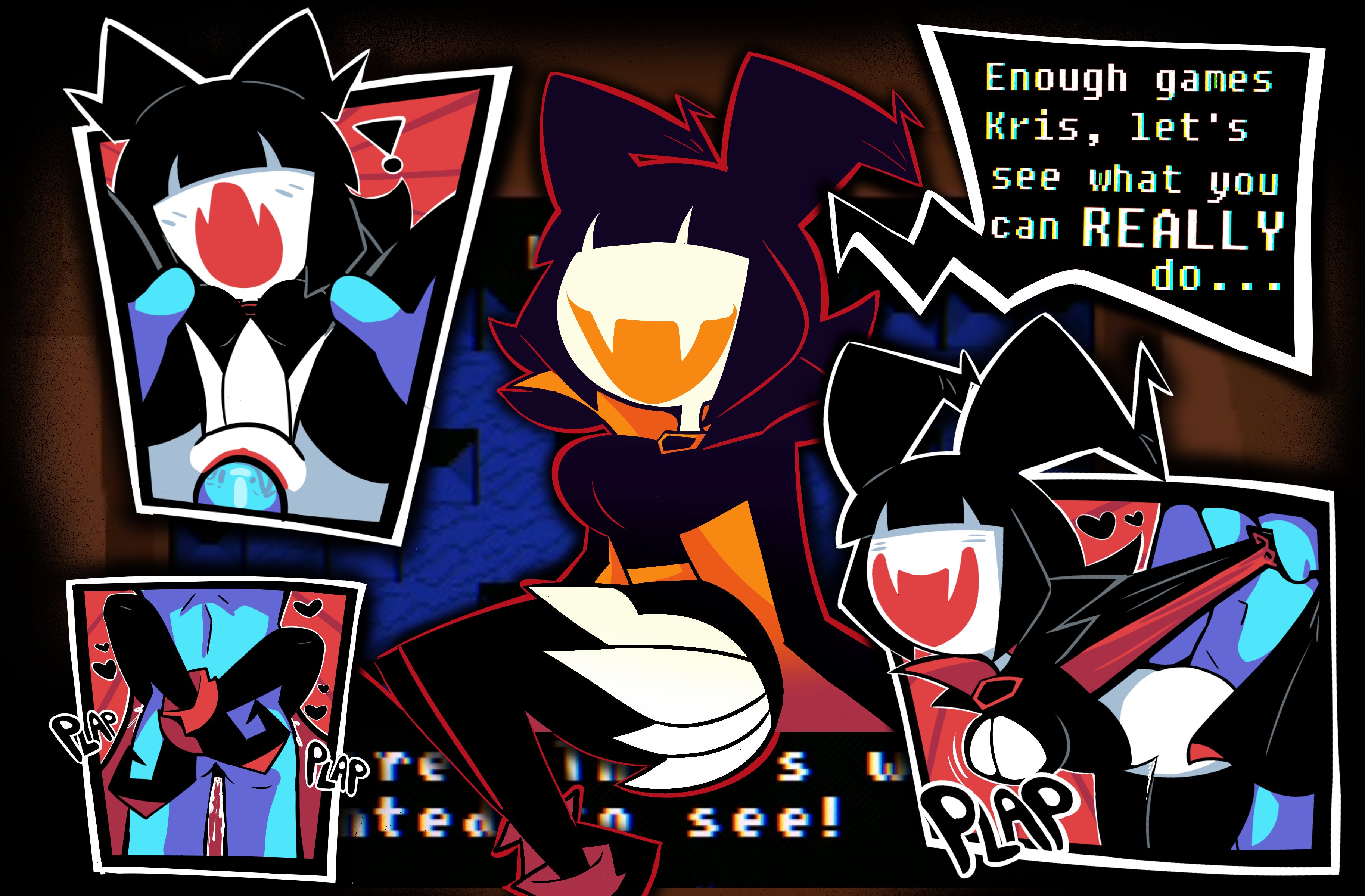 1boy, 1girls, black hair, blue skin, challenging, clothed, clothing, cum, cum in pussy, cum inside, deltarune, eram, eram (deltarune), from behind, grabbing clothing, grabbing thighs, heart symbol, holding, kris (deltarune), kris dreemurr, legs crossed, mysaltisexposed, orange mouth, sex, shadow mantle, smile, straight, undertale (series), white skin
