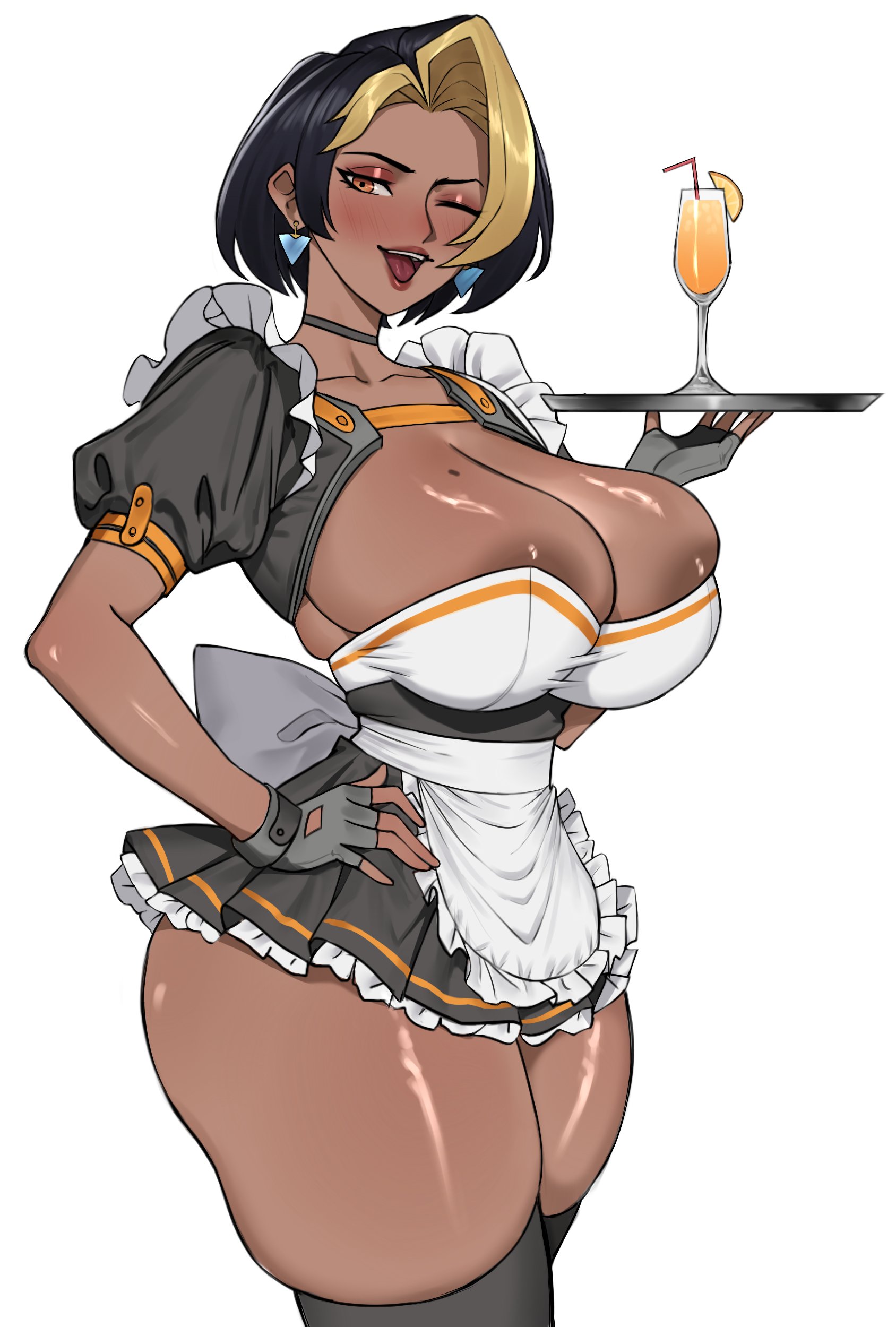 1girls, apron, big breasts, black choker, black gloves, black hair, blonde hair, breasts, choclo draws, choker, cleavage, dark skin, domina, earrings, female, female only, frills, gloves, huge breasts, jewelry, looking at viewer, maid, multicolored hair, one eye closed, open mouth, overwatch, overwatch 2, puffy short sleeves, puffy sleeves, shiny, shiny skin, short hair, short sleeves, skindentation, smile, solo, thighhighs, white background, wrist cuffs
