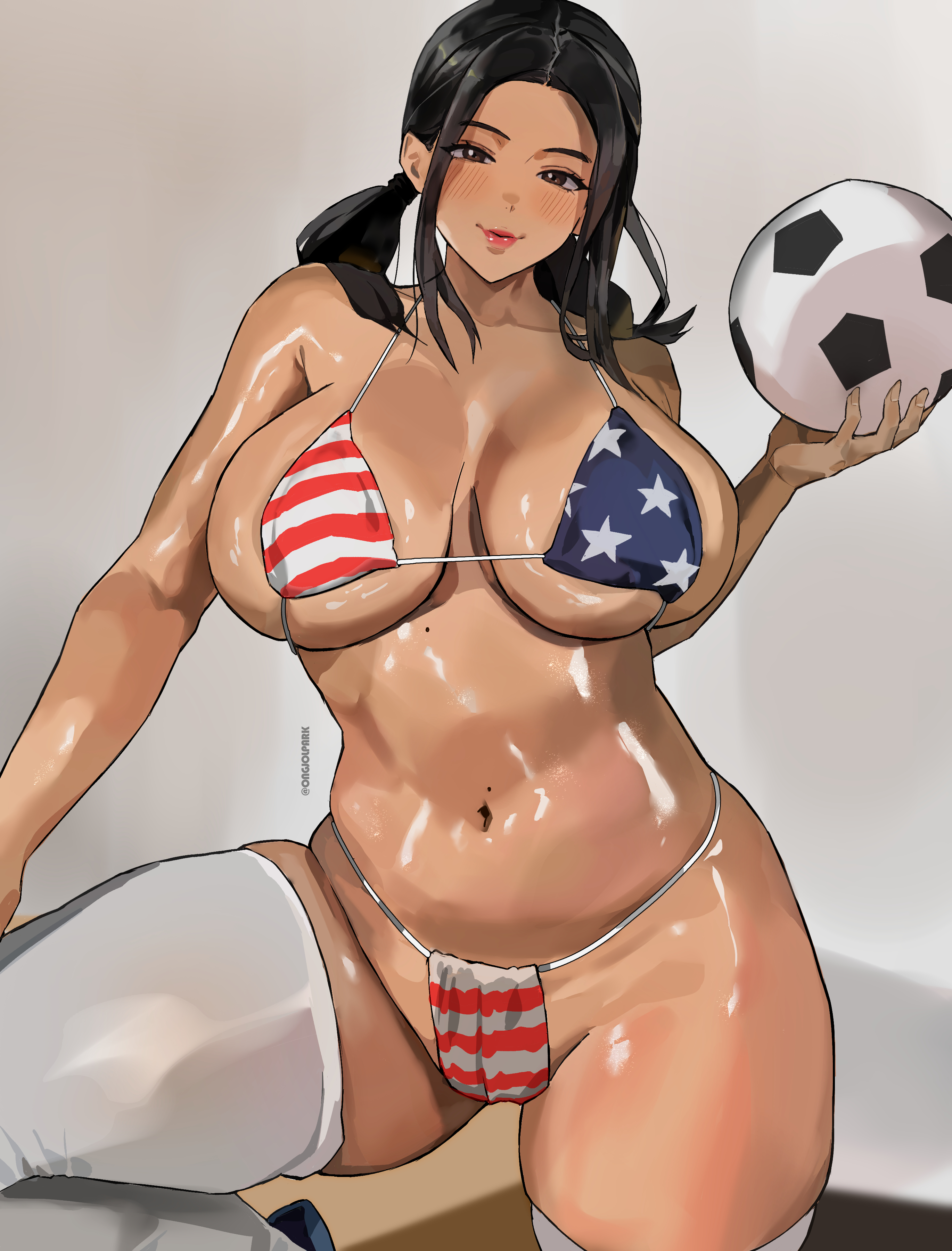 1girls, breasts, bunny ayumi, female, female focus, female only, large breasts, light skin, light-skinned female, looking at viewer, ongjolpark, original, soccer ball, solo, thick thighs, thighhighs, thighs, twintails, wide hips, world cup