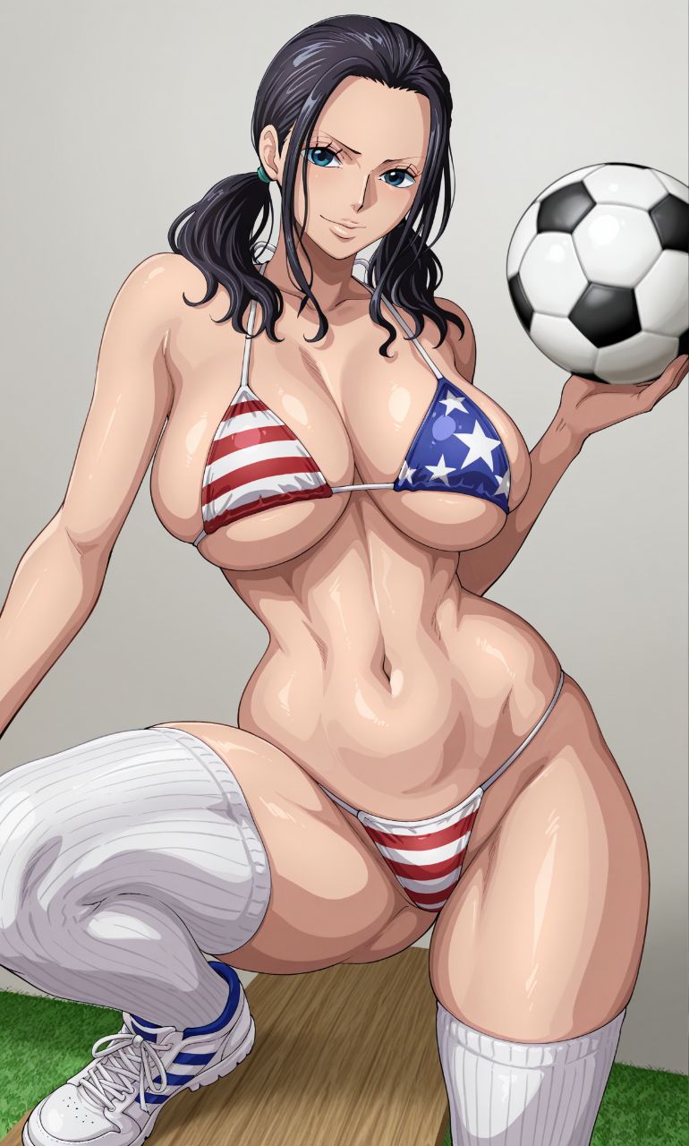 1girls ai_generated american_flag_bikini big_boobs big_breasts bikini black_hair blue_eyes curvy curvy_body curvy_female curvy_figure female female_only football forehead huge_breasts kyoru189 large_breasts light-skinned_female light_skin looking_at_viewer mature_female nico_robin one_piece sagging_breasts shiny shiny_skin socks solo solo_female twintails
