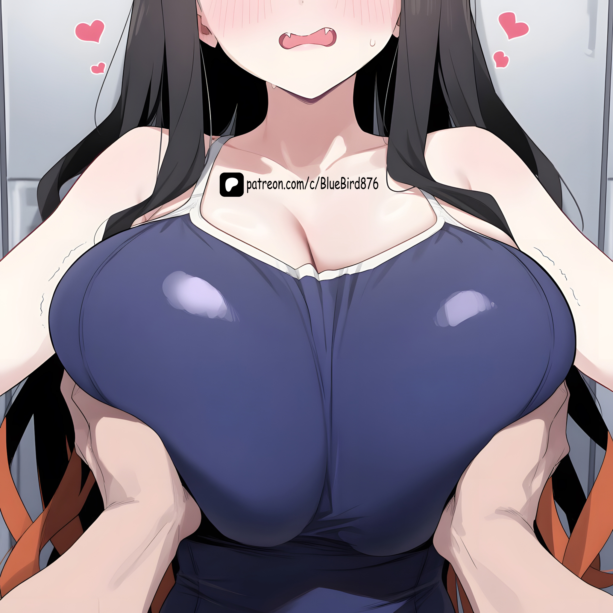 1girl, ai assisted, ai generated, beautiful girl, big ass, big breasts, bluebird, curvy, demon slayer, female, kamado nezuko, kimetsu no yaiba, nezuko kamado, school swimsuit, sexy, thighhighs
