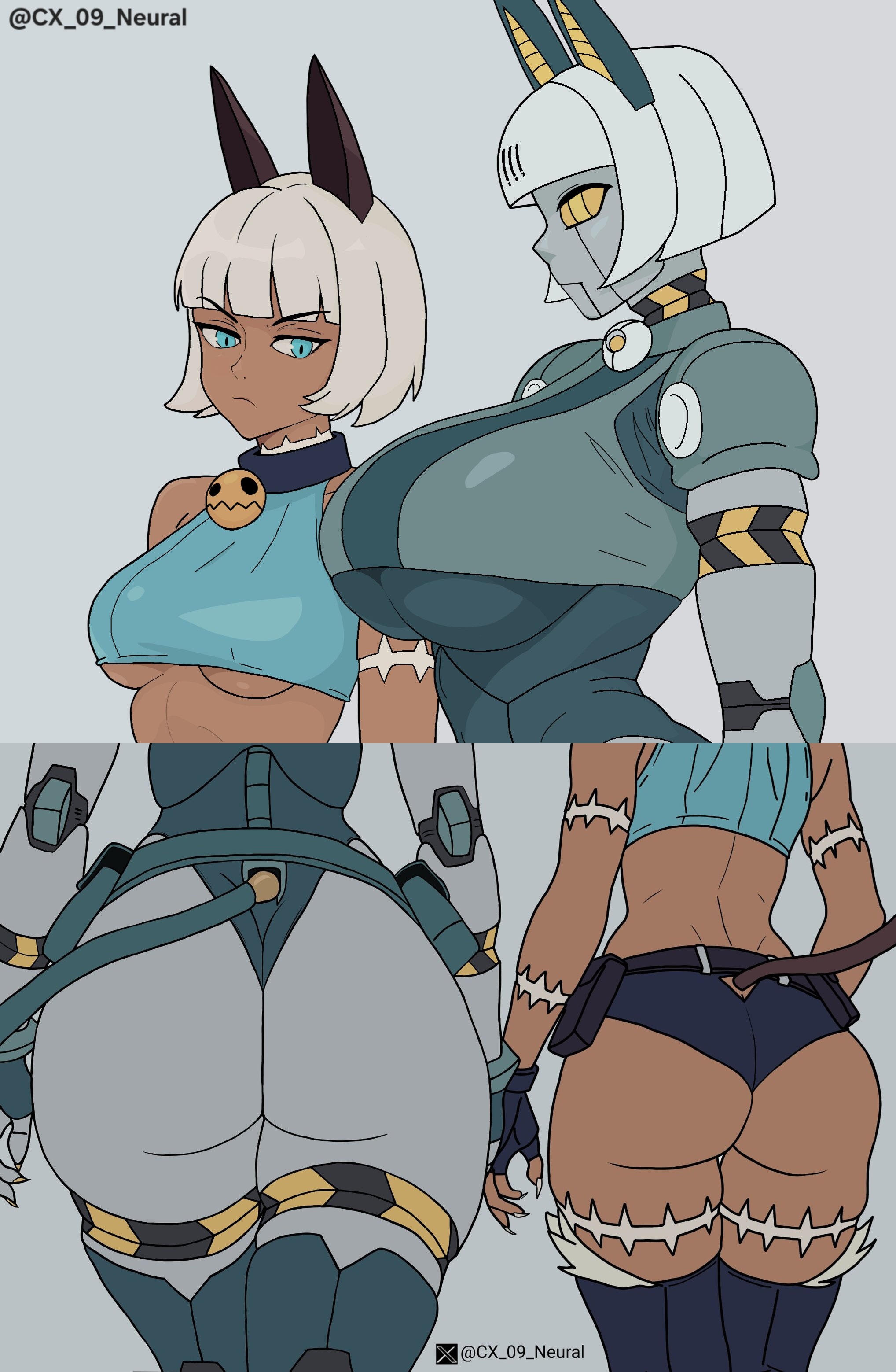 2girls, artist request, big ass, big breasts, blue eyes, bottomless, breast envy, breasts, cat ears, cat girl, cat tail, catgirl, cleavage, dark skin, dark-skinned female, envy, feline, female, female only, huge ass, large breasts, multiple females, multiple girls, nadia fortune, robo-fortune, robot girl, short hair, skullgirls, tail, underboob, white hair, yellow eyes