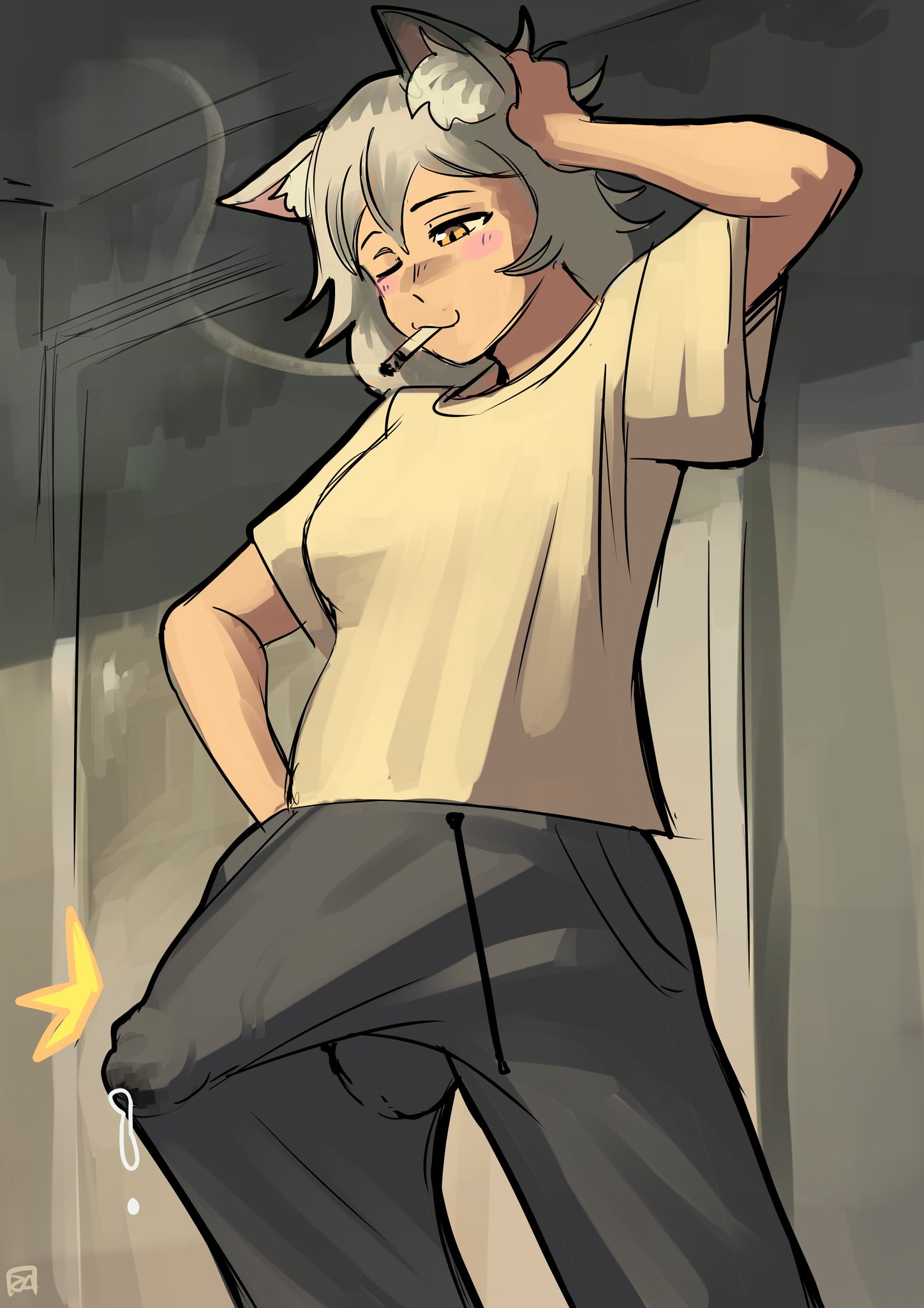 blush, bulge, bulge through clothing, cat ears, catgirl, chainsmoker cat, erection, erection under clothes, futanari, hung, hung futa, pants, penis, penis under clothes, precum, satou yaniko, smoking, solo, solo futa, tenting, yani neko, yani neko (yani neko), zestysauce