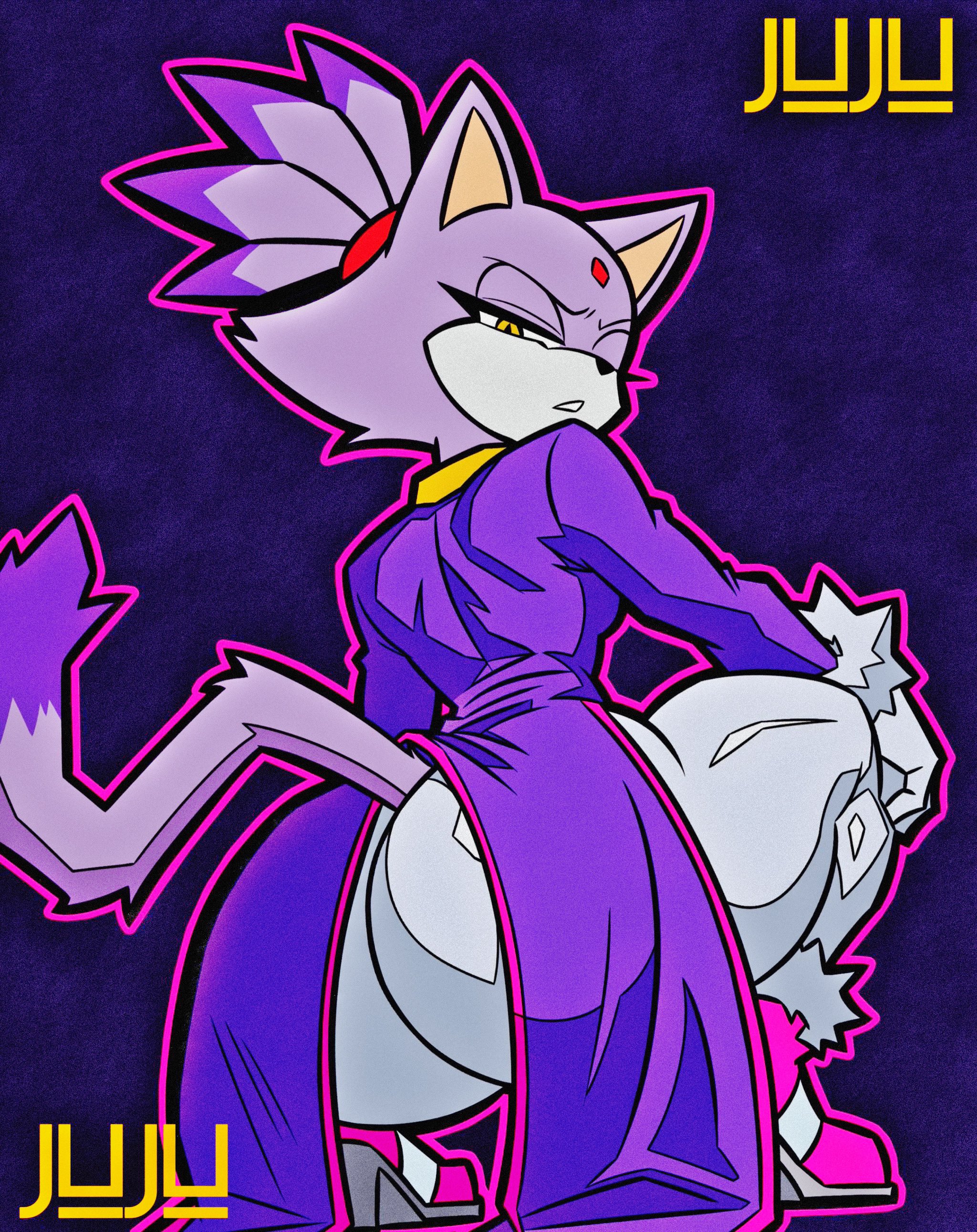 badjujuarts, blaze the cat, bottom heavy, bubble butt, butt crack outline, catgirl, feline, feline humanoid, looking back, sonic (series), squatting, sweatpants, thick thighs, tied hair, unamused