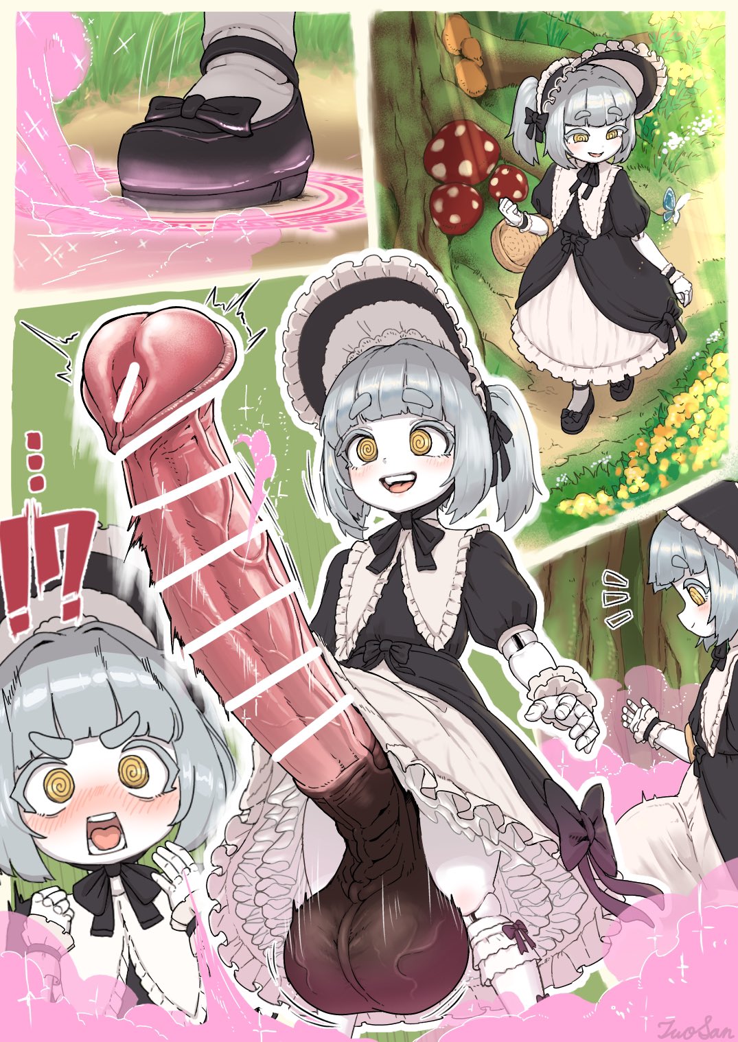 1futa, 1girls, balls, blush, blush lines, blushing, censor bar, censored, censored penis, charlotte (roriposter), detailed background, doll, doll girl, doll joints, dress, erection, forest background, futanari, futanarization, grey hair, horse penis, horsecock, horsecock futa, maid, maid headdress, penis growth, skirt up, smaller female, testicles, two-san, veiny balls, veiny cock, veiny penis, white body, white skin, yellow eyes