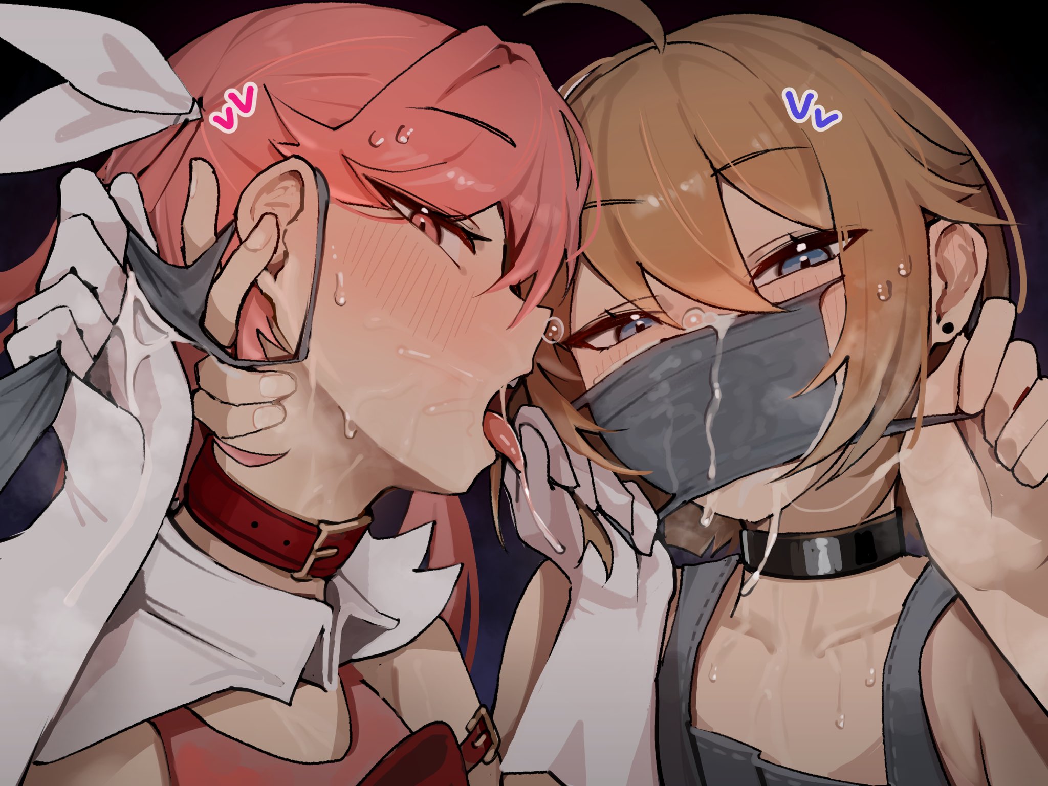2boys, after kiss, alterkyon, choker, cum on face, cum on mask, face mask, femboy, gay, gay male, joey (krekk0v), looking at viewer, magicorps (alterkyon), male, male only, original, original characters, pink hair, sweat, tadakuni (alterkyon), yaoi