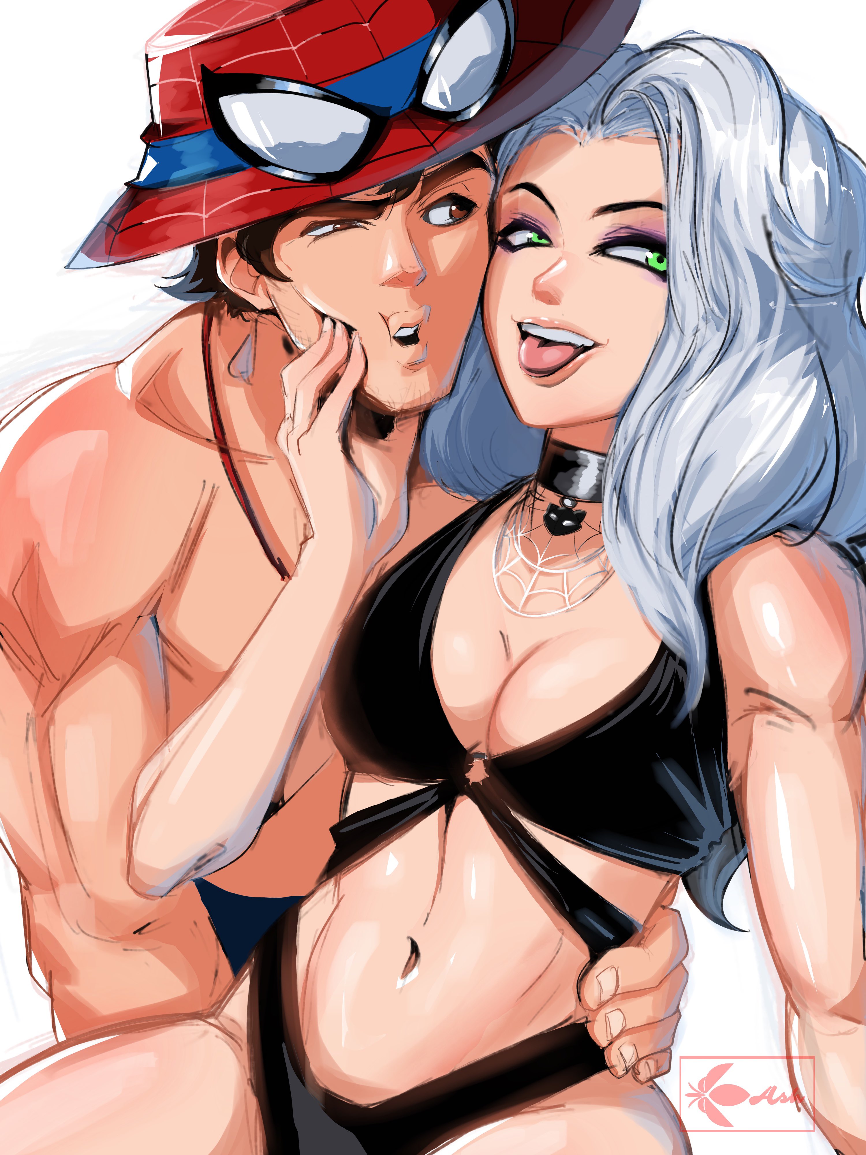 1boy, 1boy1girl, 1girl1boy, 1girls, 2026, 2d, big breasts, black cat (marvel rivals), black cat (marvel), breasts, brown hair, bursting breasts, choker, clothed, collar, color, colored, couple, couple (romantic), couple love, couple sex, couples, curvaceous, curvaceous body, curvaceous female, curvaceous figure, curvaceous hips, curvy, curvy body, curvy female, curvy figure, curvy hips, duo, felicia hardy, female, fleurashdesign, fully clothed, green eyes, hand on hip, hand on partner, hand on partner's hip, hat, high resolution, highres, hips, huge breasts, large breasts, light skin, light-skinned female, light-skinned male, looking at partner, love, lovers, lovers moment, male, marvel, marvel comics, marvel rivals, massive breasts, netease games, peter parker, pinup, romantic, romantic couple, romantic sex, seductive, seductive look, seductive pose, spider-man, spider-man (marvel rivals), spider-man (series), straight, sunhat, superhero, superhero couple, superheroine, swimsuit, swimwear, thick, thick breasts, thick hips, thick thighs, voluptuous, voluptuous female, white background, white fur, wide hips