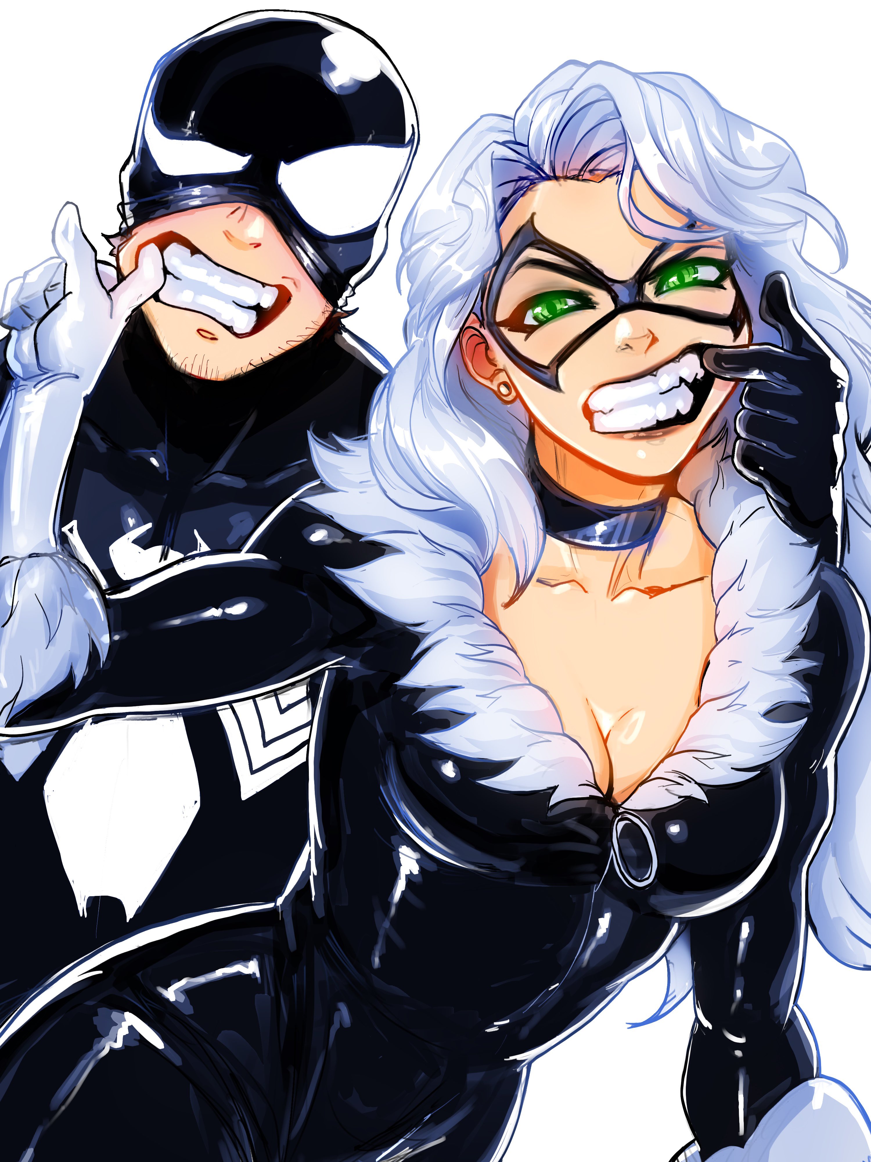 1boy, 1boy1girl, 1girl1boy, 1girls, 2026, big breasts, black cat (marvel), bodysuit, breasts, bursting breasts, choker, cleavage, collar, color, colored, couple, couple (romantic), couple love, couple sex, couples, curvaceous, curvaceous body, curvaceous female, curvaceous figure, curvaceous hips, curvy, curvy body, curvy female, curvy figure, curvy hips, domino mask, duo, eyemask, fangs, felicia hardy, female, fleurashdesign, gloves, green eyes, high resolution, highres, hips, huge breasts, large breasts, light skin, light-skinned female, light-skinned male, love, lovers, lovers moment, male, marvel, marvel comics, mask, masked, masked female, masked male, massive breasts, peter parker, pinup, romantic, romantic couple, romantic sex, seductive, seductive look, seductive pose, shiny, shiny clothes, skin tight, spider-man, spider-man (black suit), spider-man (series), superhero, superhero couple, superheroine, thick, thick breasts, thick hips, thick thighs, tight clothes, tight clothing, voluptuous, voluptuous female, white background, white fur, wide hips, zipper