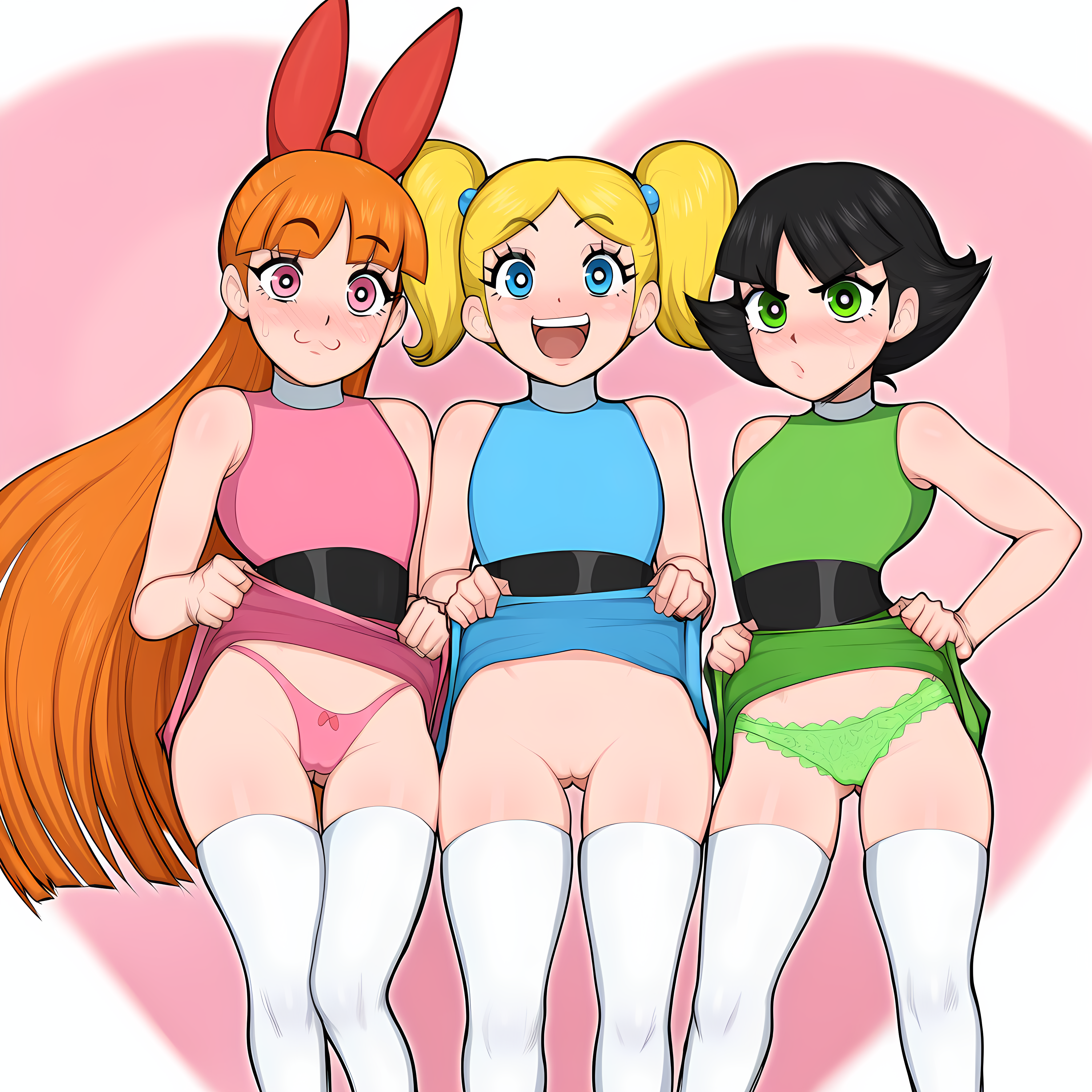 3girls, ai generated, black hair, blonde hair, blossom (powerpuff girls), blue dress, blue eyes, blush, bubbles (powerpuff girls), buttercup (powerpuff girls), dress lift, flashing, frilled panties, green dress, green eyes, green panties, group picture, hair bow, long hair, multiple expressions, multiple girls, no panties, orange hair, pigtails, pink dress, pink eyes, pink thong, powerpuff girls, short hair, thighhighs, thong, very long hair, white thighhighs