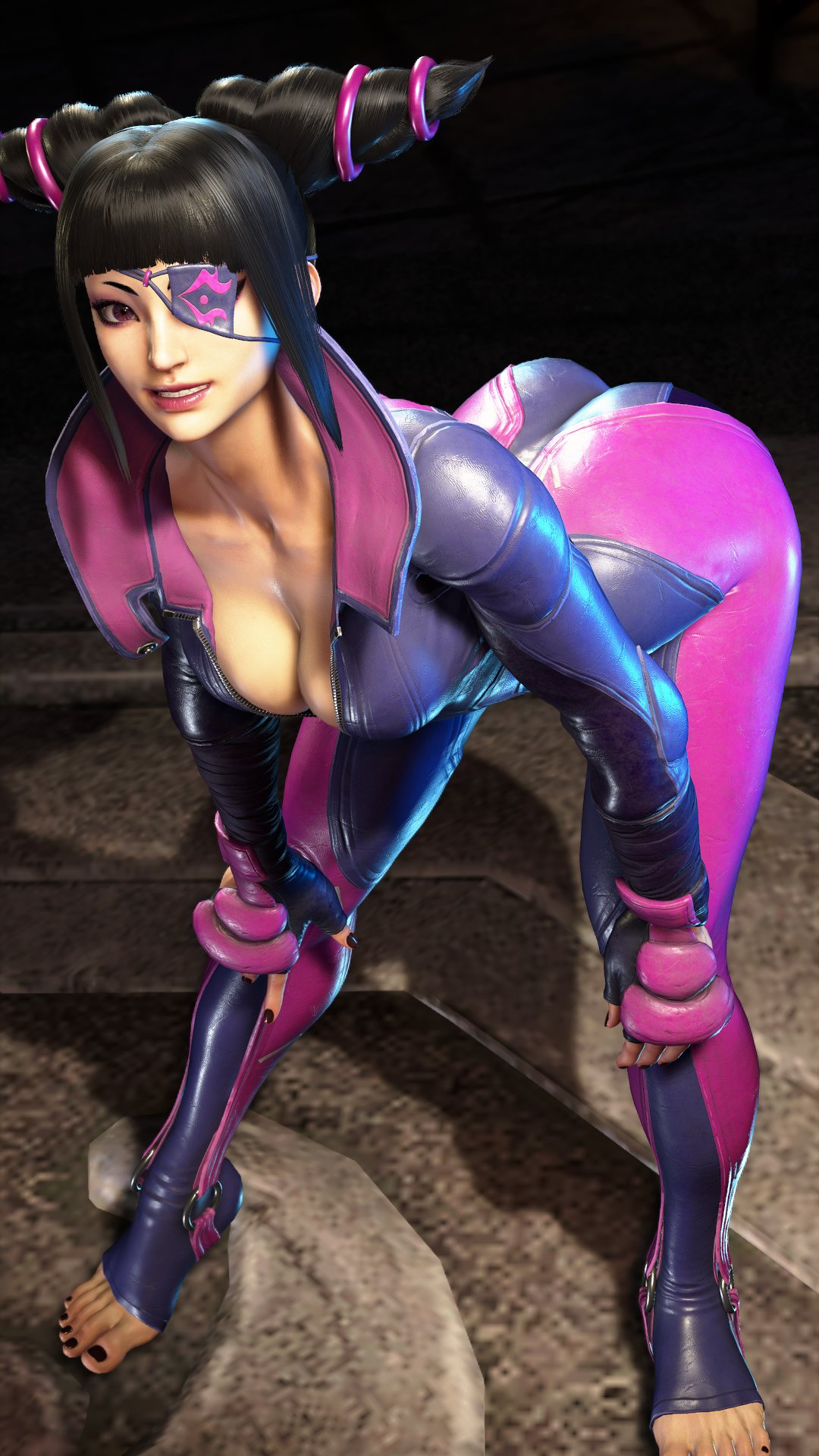 1girls, 3d, black hair, bodysuit, eyepatch, feet, fingerless gloves, hair horns, han juri, hanging breasts, juri han, latex, lips, screencap, smile, street fighter, street fighter v, toeless legwear