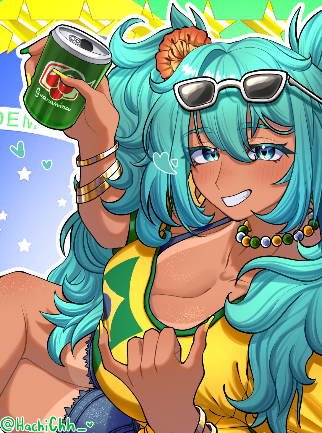 1girls aqua_hair beer_can big_breasts bracelet brazilian_miku breasts can cleavage eyebrows_visible_through_hair eyewear_on_head flower hair_flower hair_ornament hatsune_miku holding_can jewelry large_breasts long_hair looking_at_viewer shorts smile solo sunglasses tan vocaloid