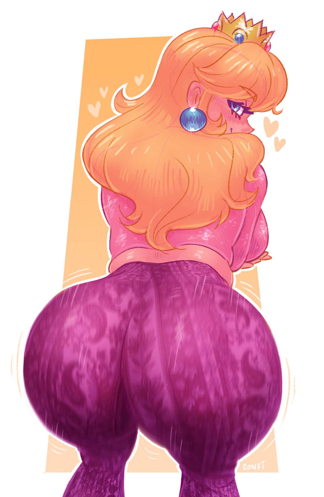1girls, alternate costume, ass, ass shake, ass shaking, ball earrings, bell-bottoms, big breasts, blonde hair, blue eyes, breasts, commentary, confiserie, crown, earrings, english commentary, flare pants, forbidden pants, heart, highres, jewelry, large breasts, long hair, looking at viewer, looking back, mario (series), meme attire, motion blur, nintendo, pants, pink pants, pink shirt, princess peach, print pants, shirt, smile, solo, sphere earrings, teasing, teasing viewer, twerk, twerking