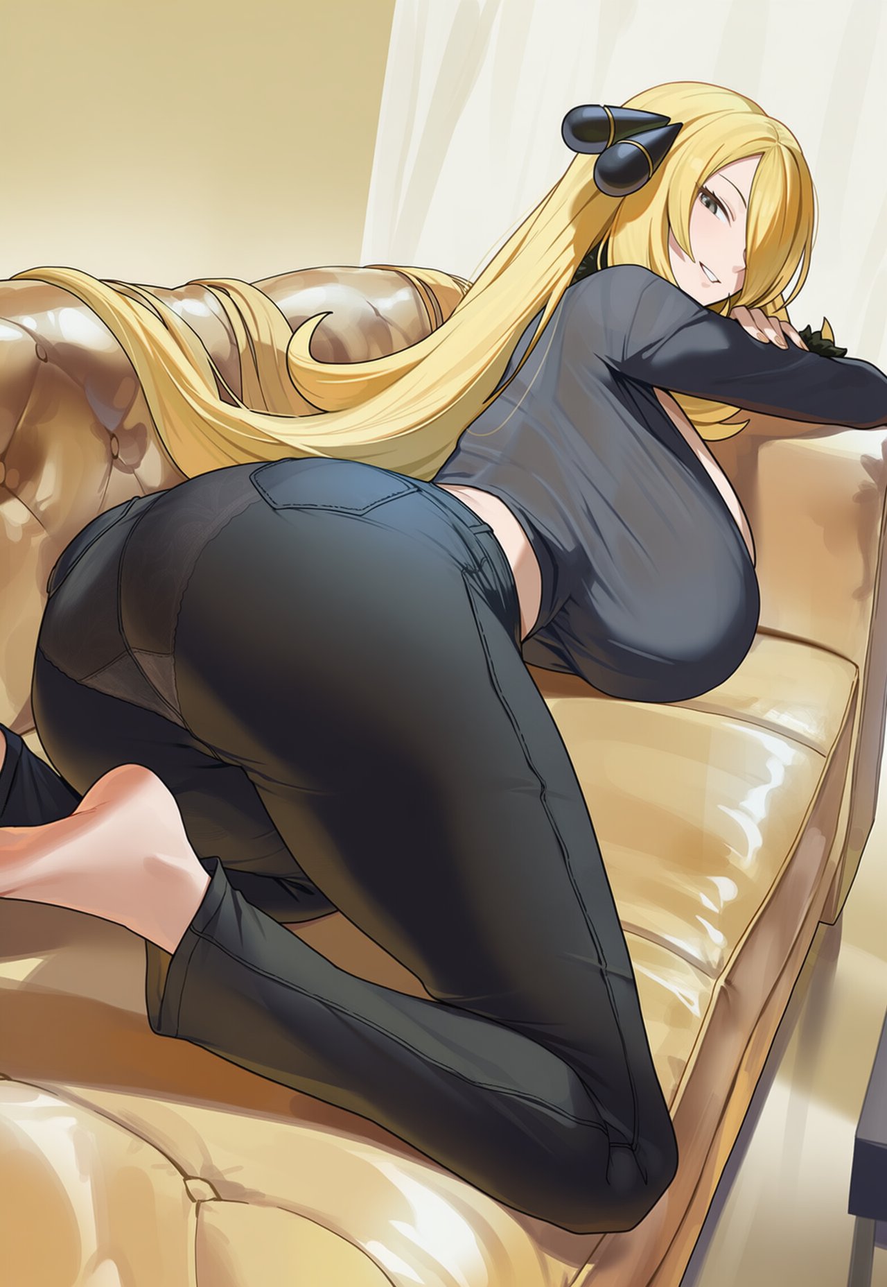 ai generated, circle ueponzu, couch, cynthia (pokemon), large breasts, large butt, nintendo, pokemon