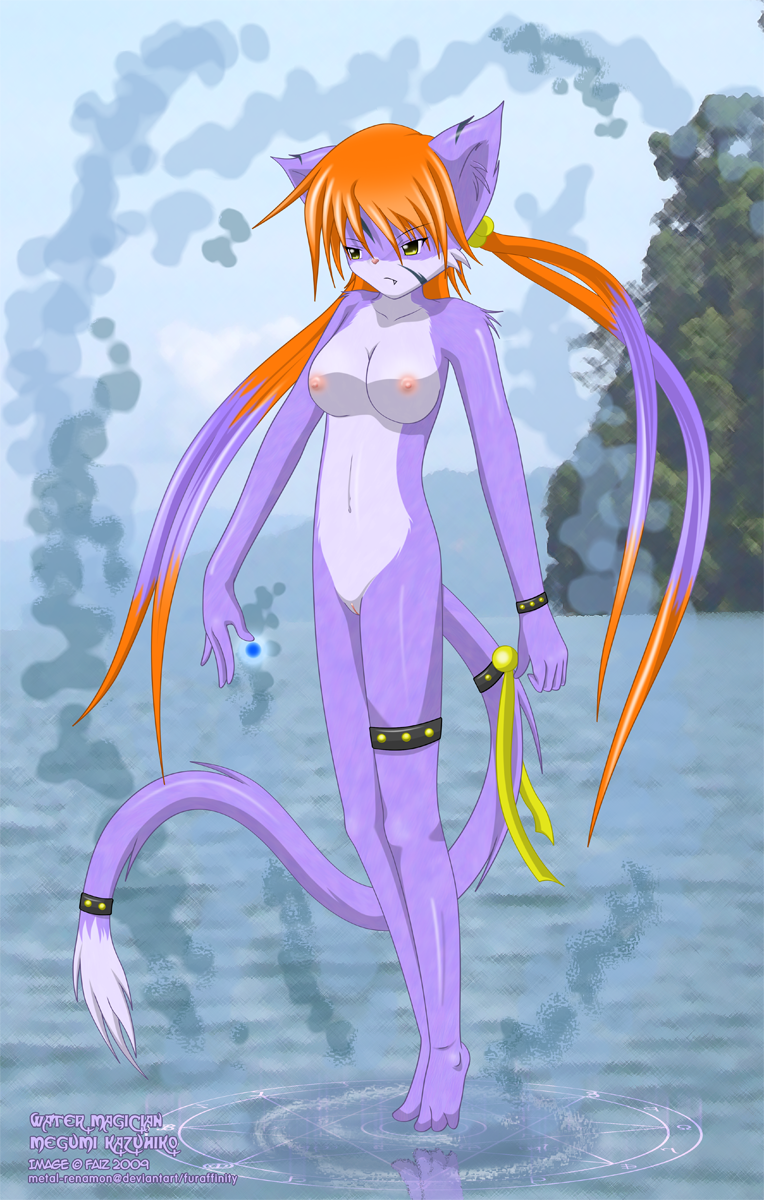 2009 circle color countershading feline female furry hair long megumi metal-renamon nipples nude purple_fur pussy runes solo tail water