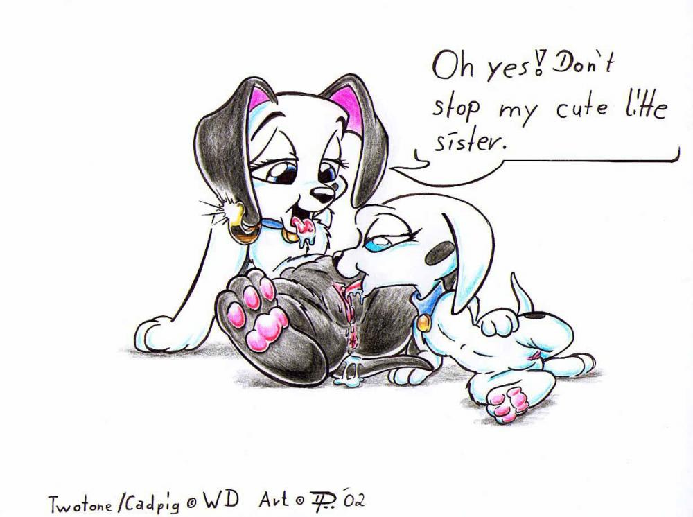 101_dalmatians 2002 anus blue_eyes cadpig canine dalmatian dennis_pawers disney drool ear_piercing earring female hindpaw incest piercing pussy saliva siblings sister sisters two-tone yuri