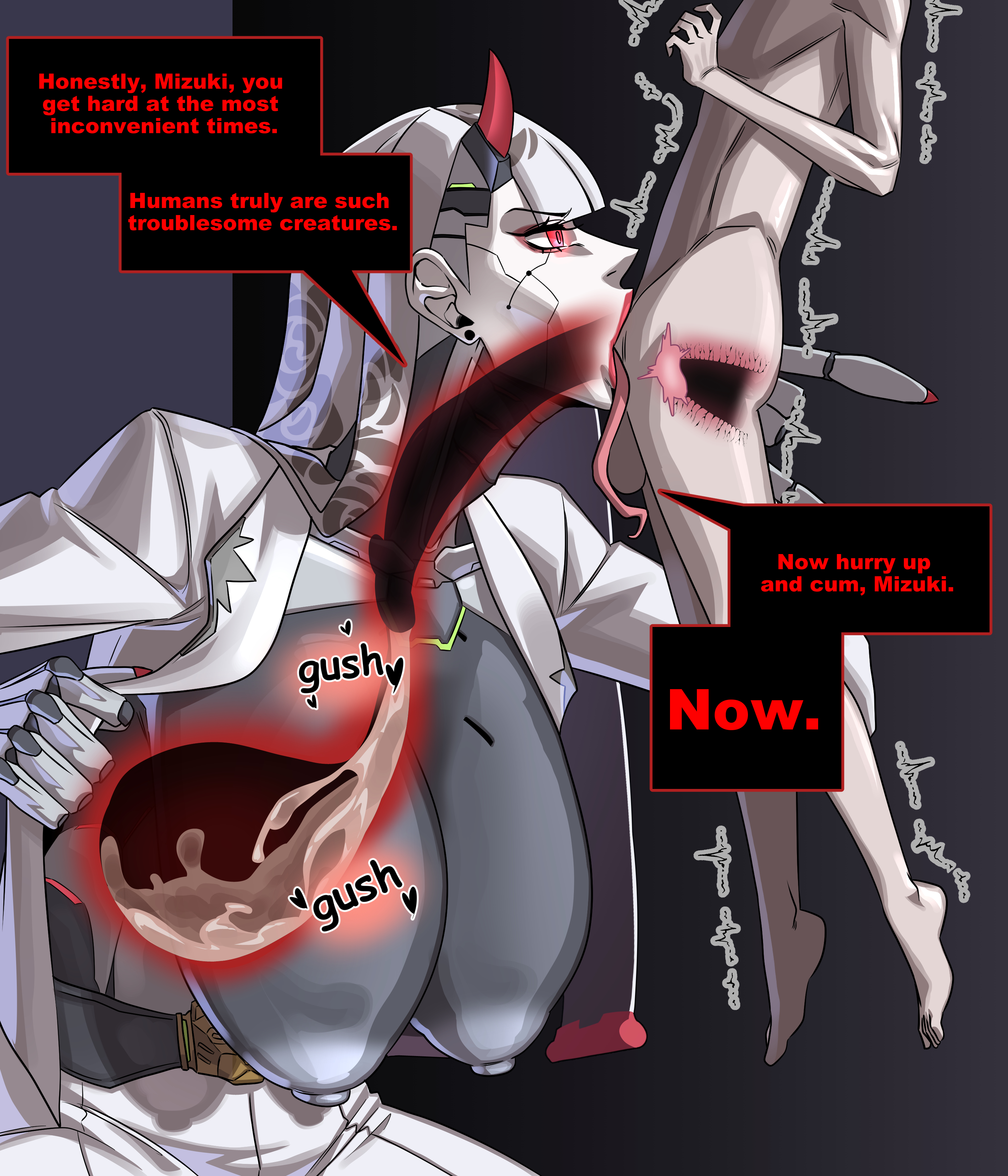1boy, 1girls, adopted son, adoptive incest, adoptive mother, adoptive mother and adoptive son, big breasts, blowjob, chochobo nsfw, cum in stomach, deepthroat, huge breasts, long tongue, mizuki (overwatch), nipples, overwatch, overwatch 2, pseudo incest (lore), red eyes, robot, robot girl, shion (overwatch), size difference, small but hung, tagme, tongue, tongue out