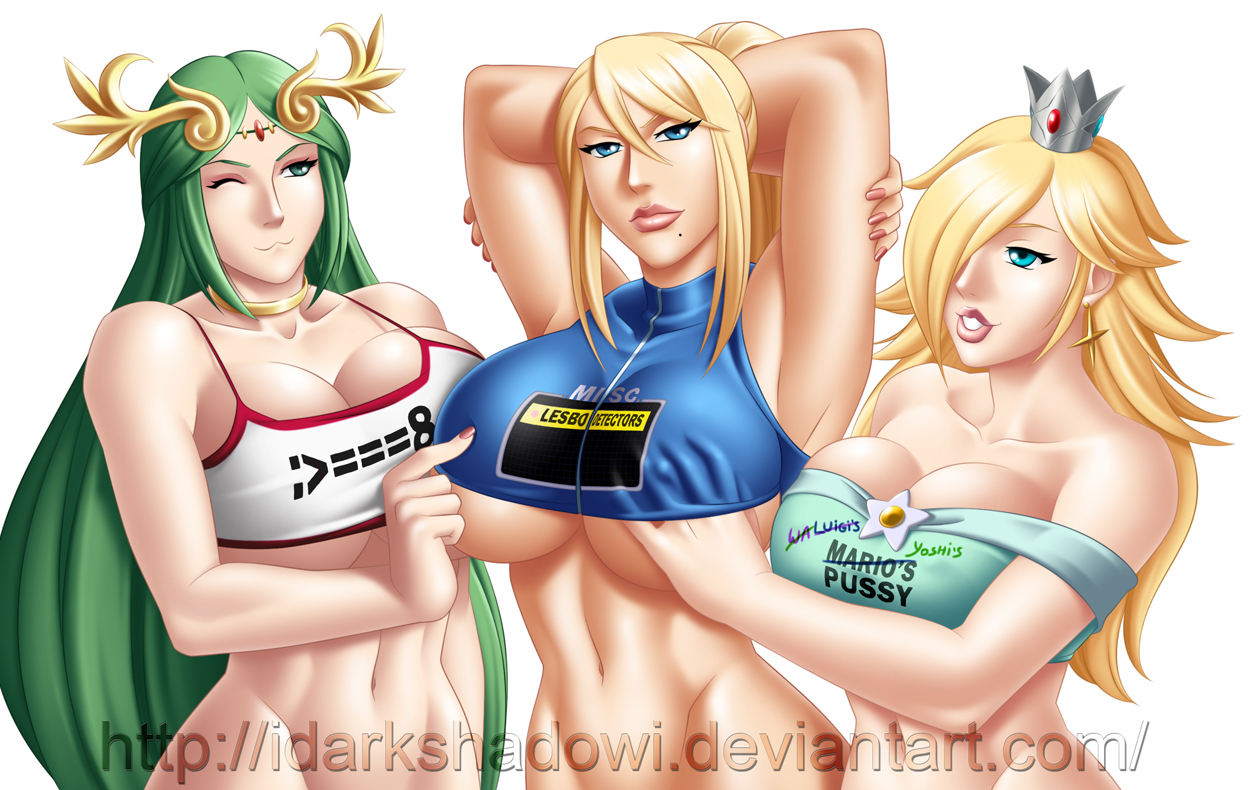 :3, 3girls, armpits, arms behind head, arms up, beauty mark, belly, blonde hair, blue eyes, breast grab, breasts, choker, circlet, cleavage, clothes, clothes writing, covered nipples, crossover, crown, earrings, erect nipples, female, green eyes, green hair, hair over one eye, human, jewelry, kid icarus, kid icarus uprising, large breasts, long hair, mario (series), metroid, mole, multiple females, multiple girls, nail polish, navel, nintendo, nipples, palutena, ponytail, princess rosalina, samus aran, shirt, simple background, super smash bros., t-shirt, teeth, text, thedarkness, tied hair, underboob, white background, wink
