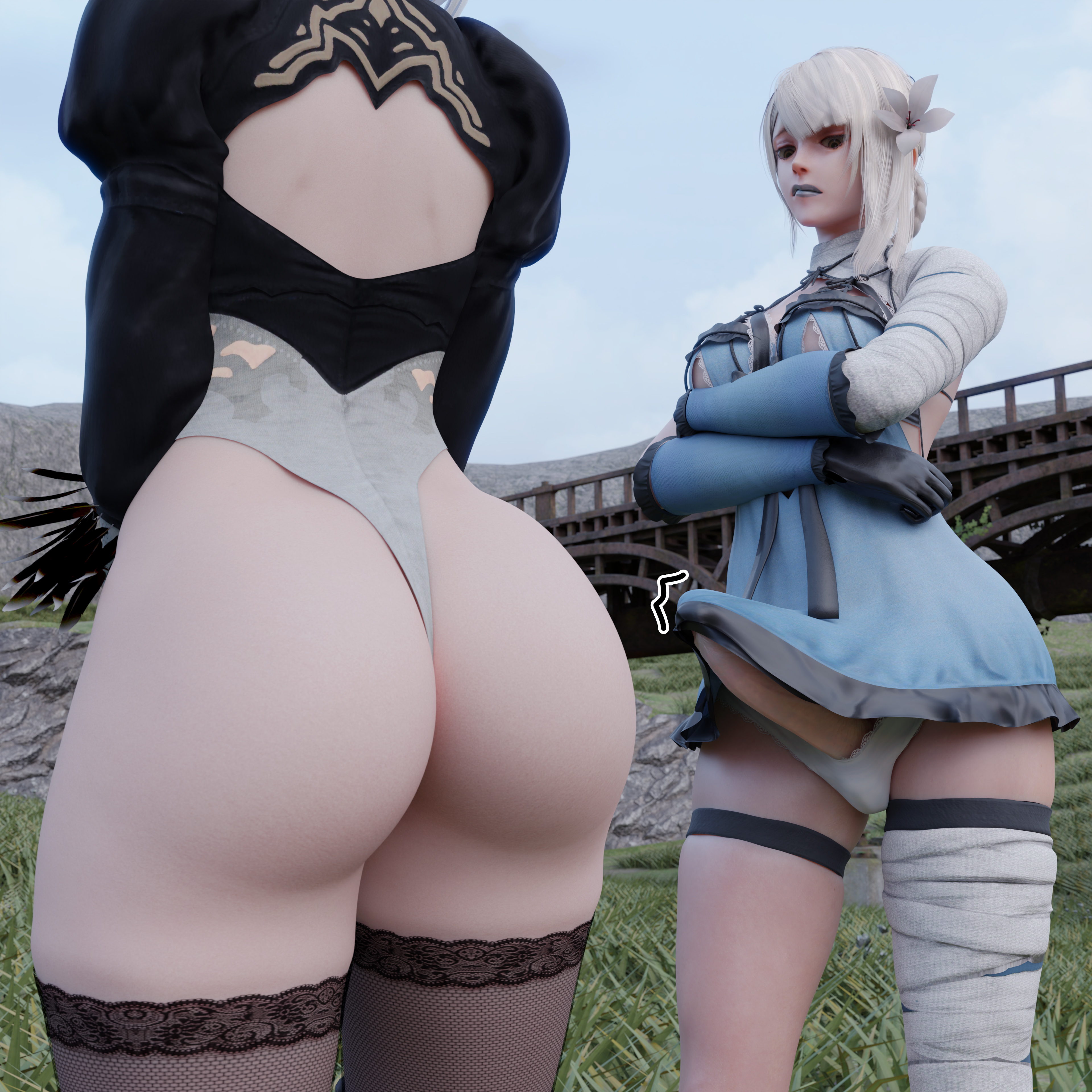 1futa, 1girls, 3d, ass, balls, balls under clothes, big ass, breasts, clothing, cr3epsfm, erect penis, erection, female, futanari, kaine (nier), light skin, light-skinned female, light-skinned futa, nier, nier replicant, nier: automata, penis, penis out, tenting, white hair, yorha 2b