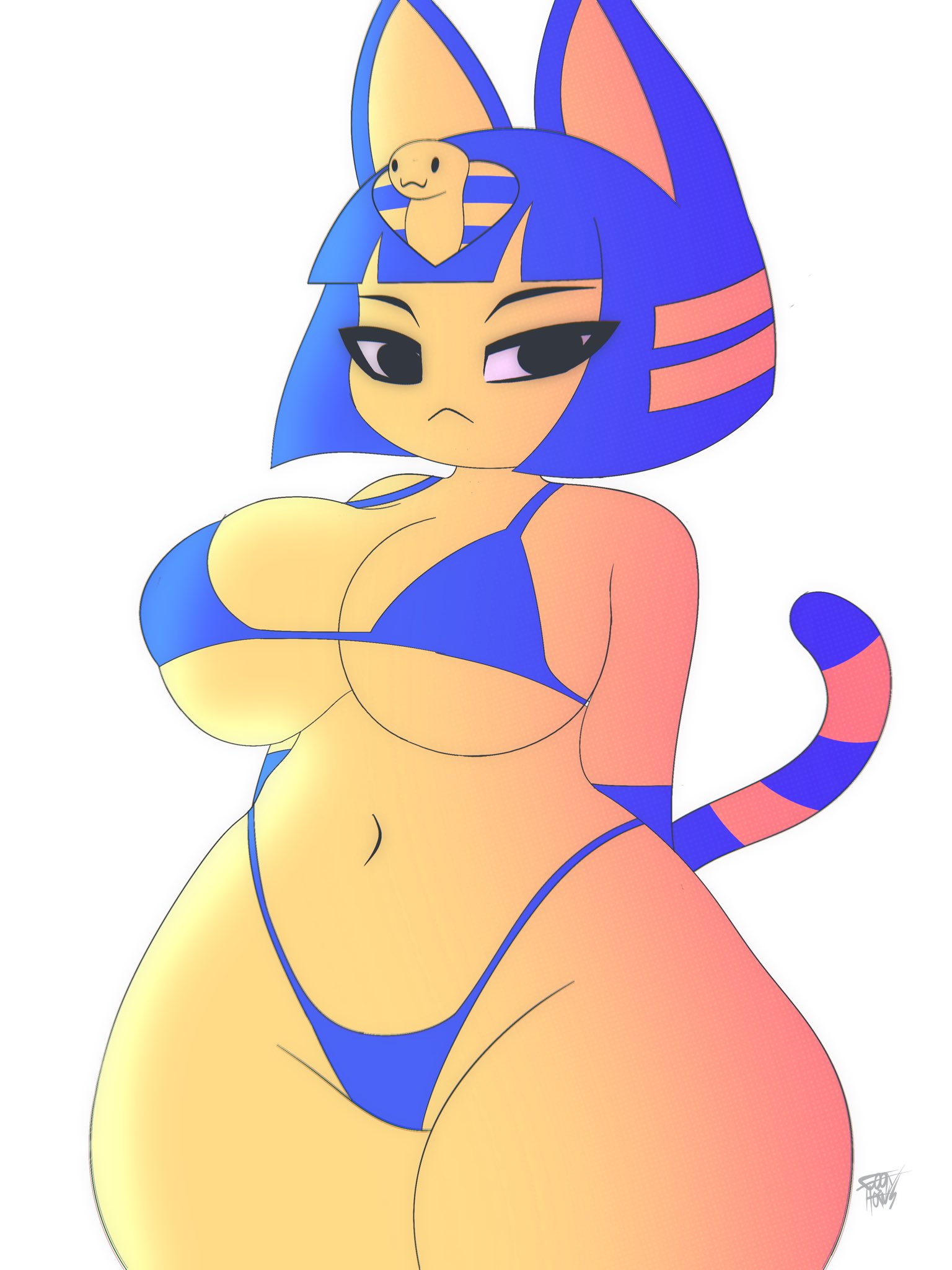 1girl, animal crossing, ankha, ankha (animal crossing), anthro, big ass, big breasts, big thighs, bikini, catgirl, egyptian, furry, goofy horns, slim waist, wide hips, yellow body, yellow fur