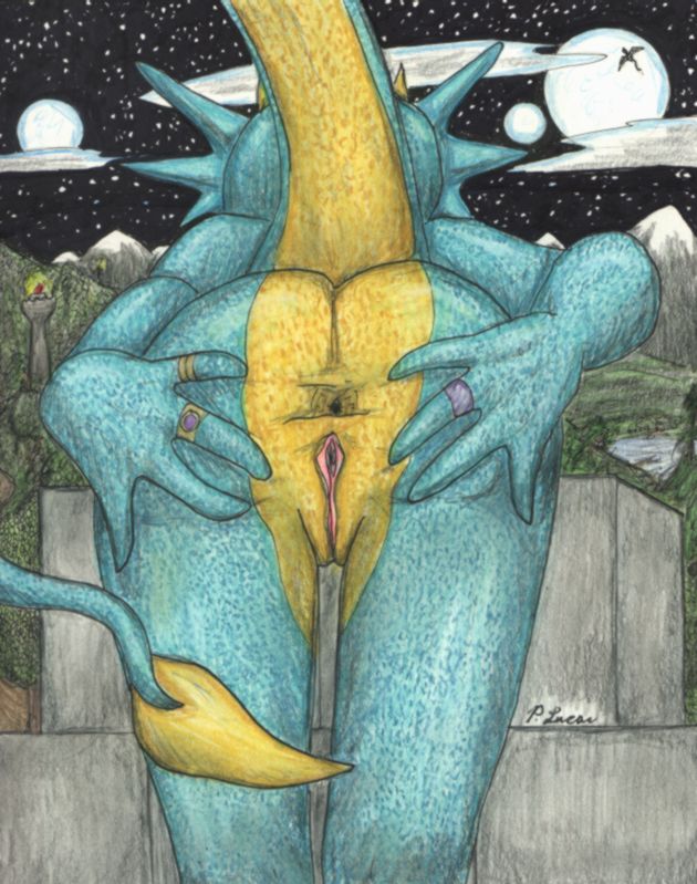 anus ass bent_over blue_skin dragon female jewelry moon mooning mountain paul_lucas plump_labia pussy ring solo spread_anus spreading stars tail