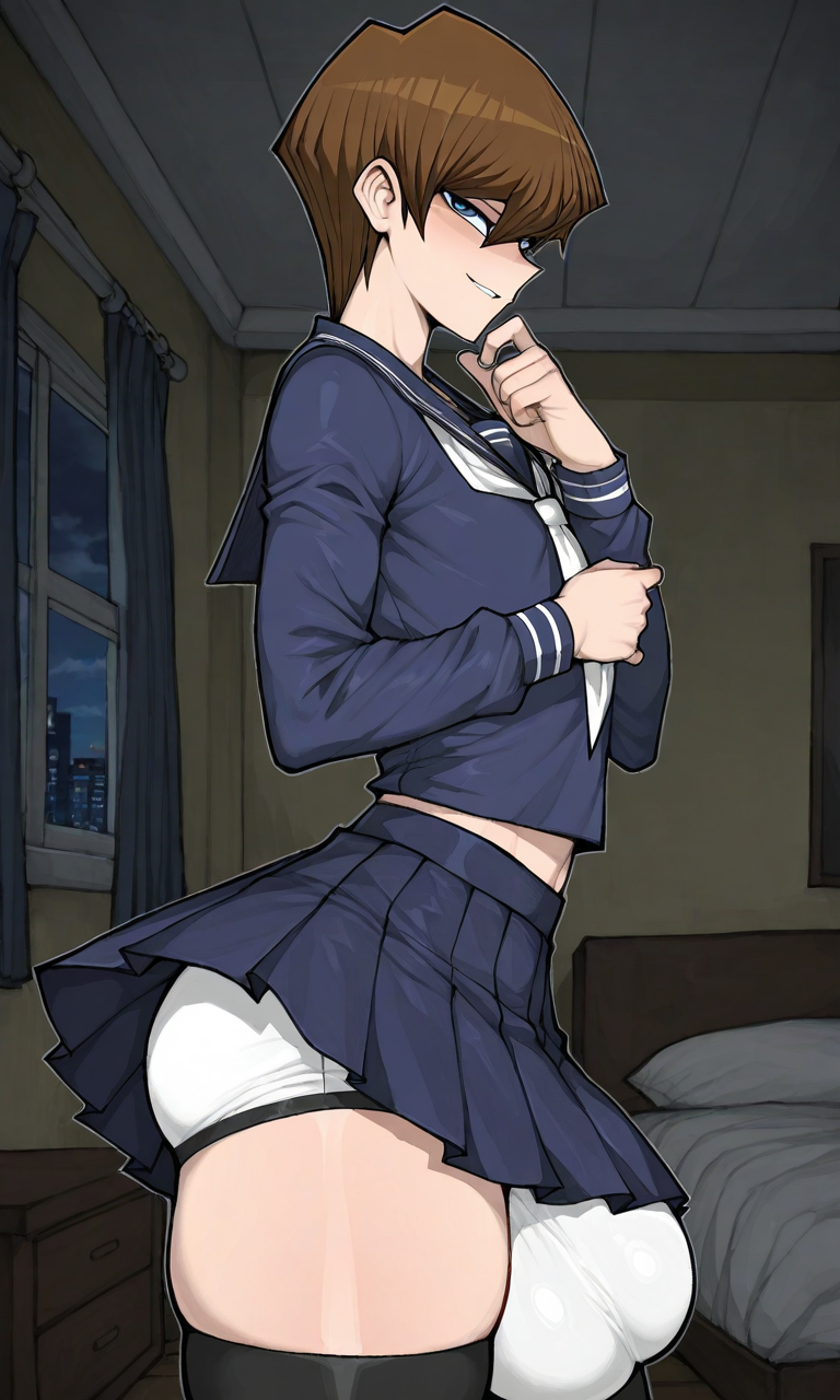 ai_generated bed bedframe bedroom big_ass big_ass_(male) big_bulge blue_eyes briefs brown_hair curtains drawer fanservice femboy gay huge_bulge indoors looking_at_viewer male male_focus male_only medium_hair night night_sky pale-skinned_male pale_skin pillow sailor_collar sailor_uniform serafuku seto_kaiba skirt smirk smug solo solo_focus tagme thick_thighs tie trap underwear window yaoi yu-gi-oh! yu-gi-oh!_duel_monsters yugioh