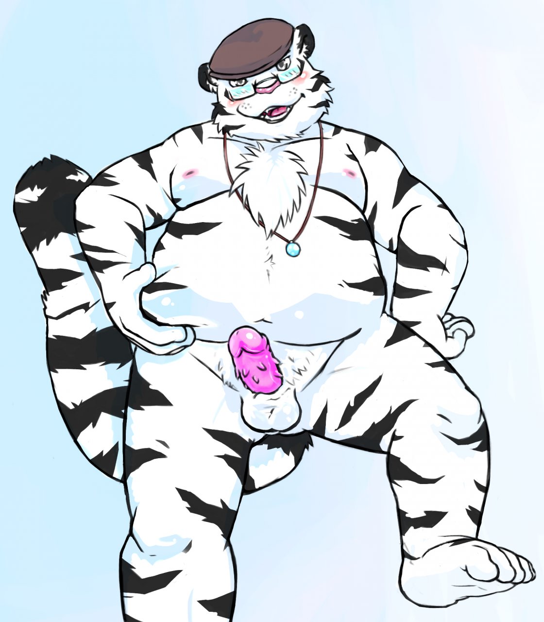 1boy anthro barbs blush chest_tuft chubby fat feline fur furry gazpacho glasses male male_only nude solo tiger