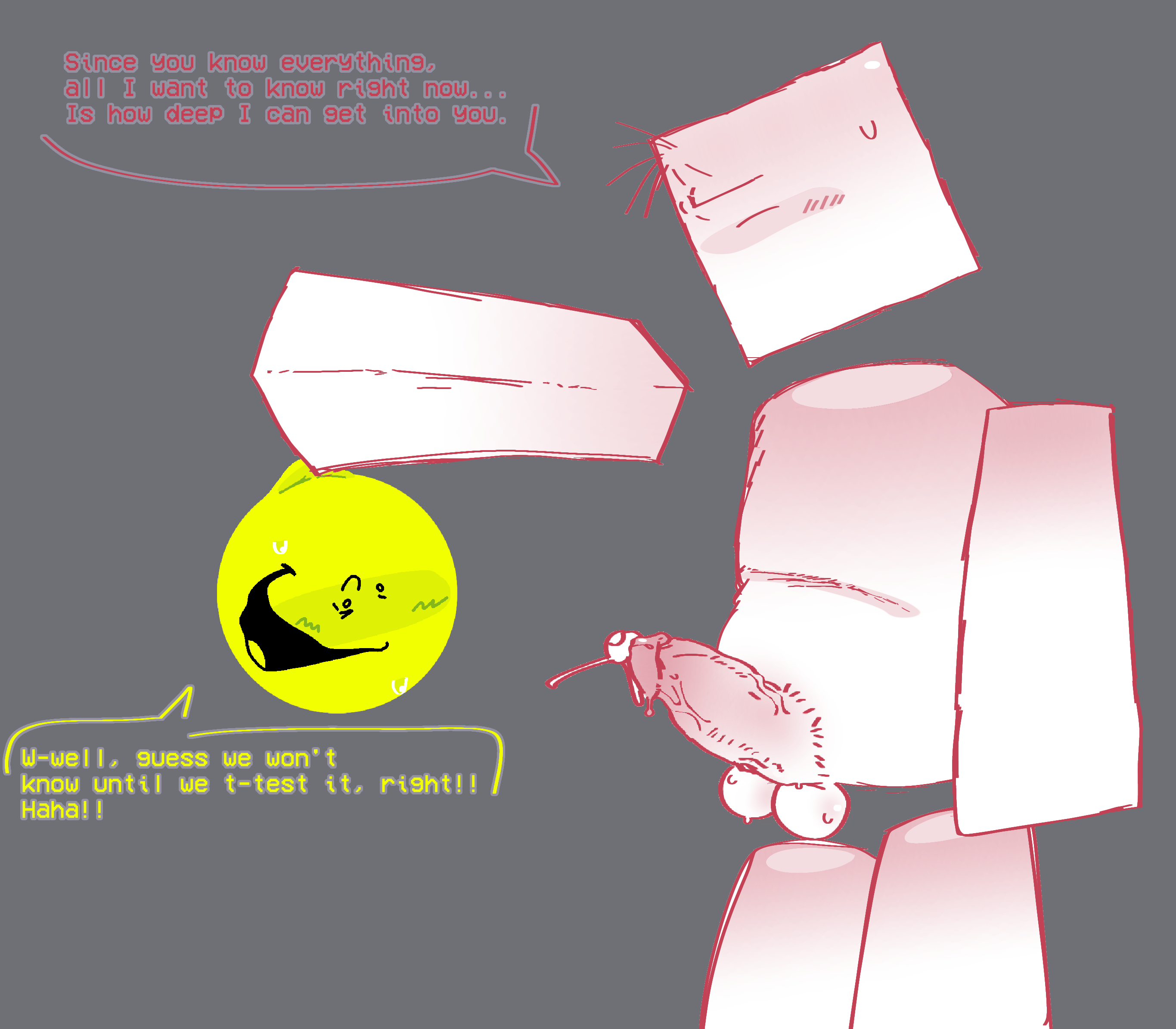 anonymous character, cum, cum bubble, cum drip, grabbing, horny, shocked, simple background, size difference, standing, sweat, sweaty balls, text bubble, veiny penis, verity (thatmob)