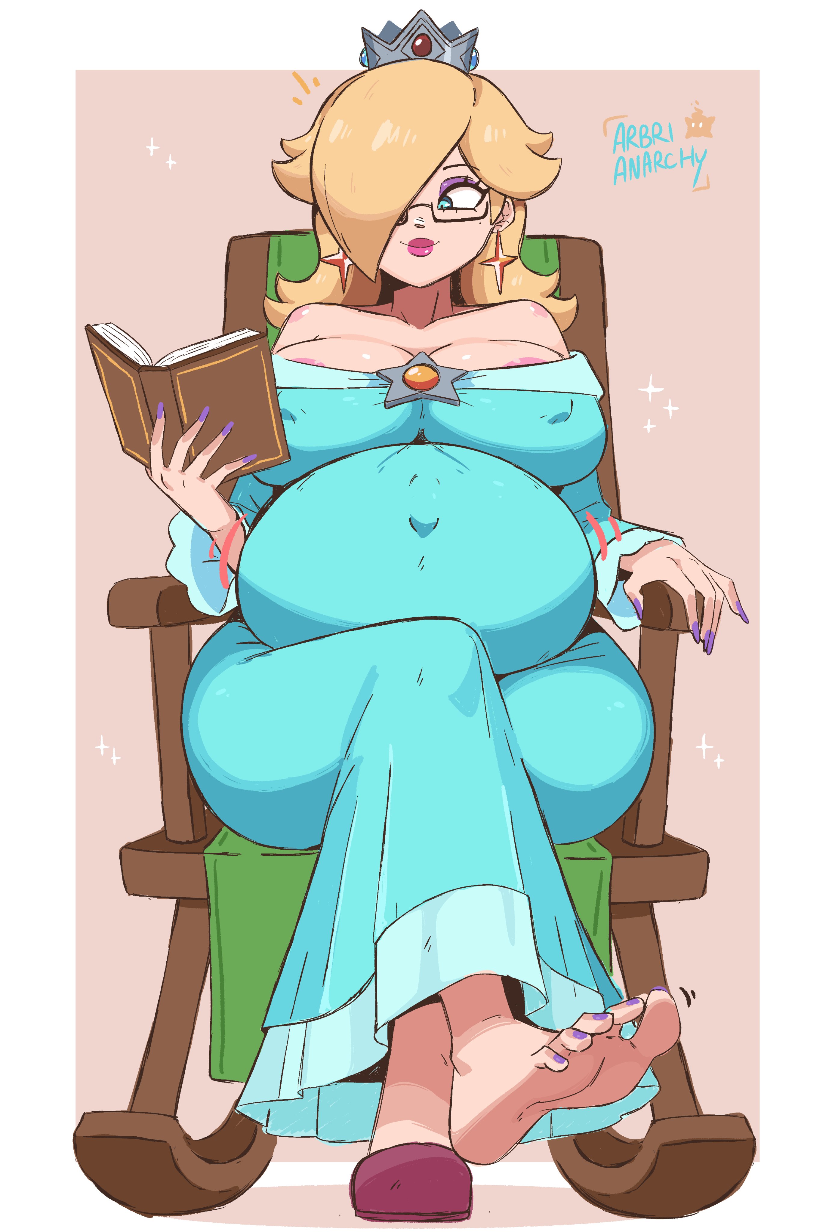 arbrianarchy, areolae, areolae slip, big belly, big breasts, blonde female, blonde hair, blue eyes, child bearing hips, crossed legs, curvaceous, curvaceous body, curvaceous female, curvaceous figure, curvaceous hips, curvaceous thighs, feet, glasses, mario (series), nail polish, pregnant, pregnant female, princess rosalina, purple nails, purple toenails, reading, reading book, rosalina, sunshy, tagme, toenail polish, waifu