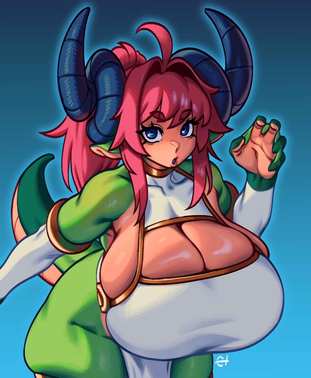 1girl, ahoge, blue eyes, breasts, cleavage, colored skin, dragon girl, dragon horns, dragon tail, eigaka, green skin, hair between eyes, horns, huge breasts, long hair, monster girl, multicolored skin, nina (eigaka), open mouth, original, pink hair, pointy ears, solo, tail, thick thighs, thighs, webbed hands