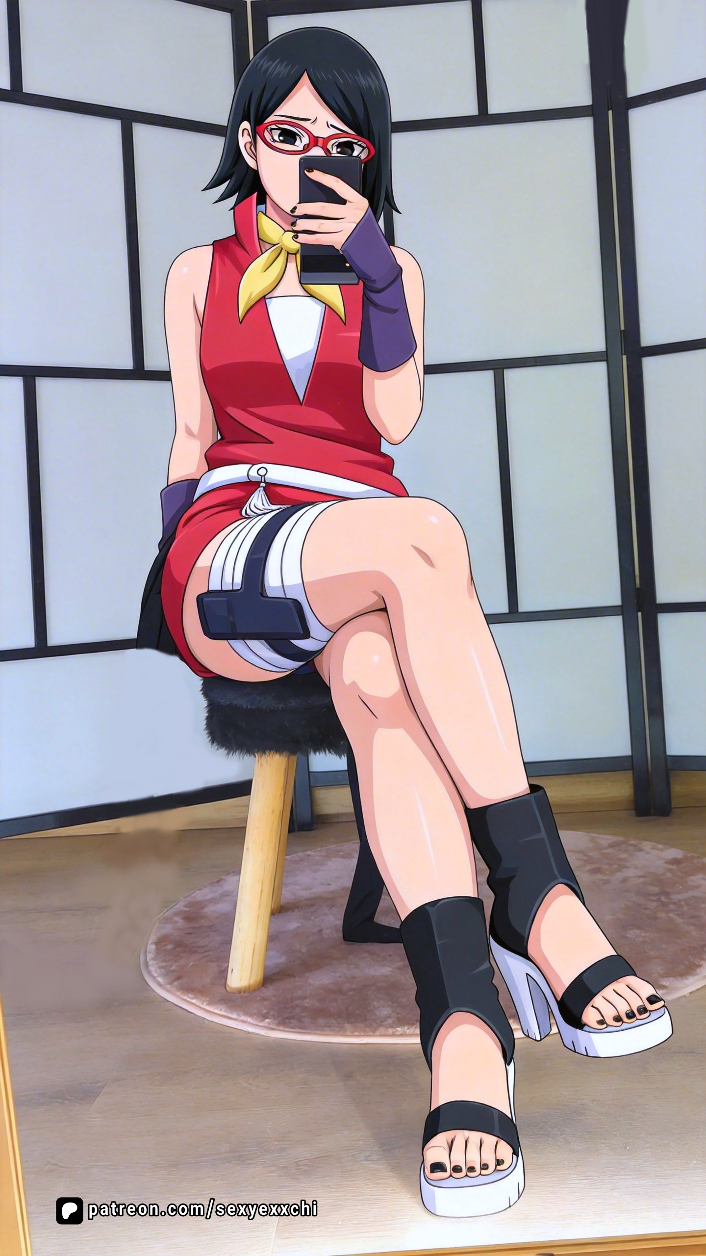 1girls, ass, black hair, boruto, boruto: naruto next generations, cellphone, crossed legs, feet, feet focus, foot, foot focus, full body, glasses, high heels, legs, naruto, naruto (series), red glasses, sarada uchiha, selfie, short hair, solo, thighs, uchiha sarada