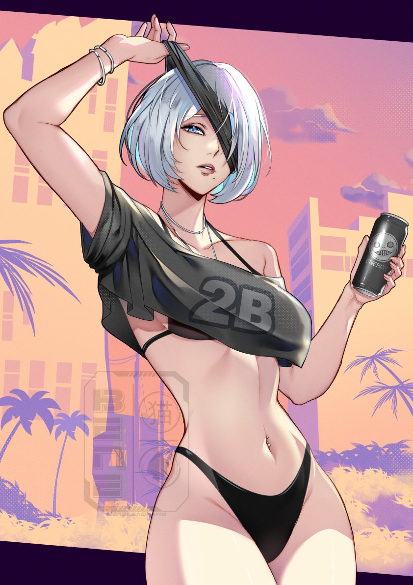 1girls, 2026, beneceadraws, bikini, blindfold, blue eyes, female, female only, grand theft auto, grand theft auto vi, gta vi cover girl, light skin, light-skinned female, nier (series), nier: automata, short hair, solo, white hair, yorha 2b