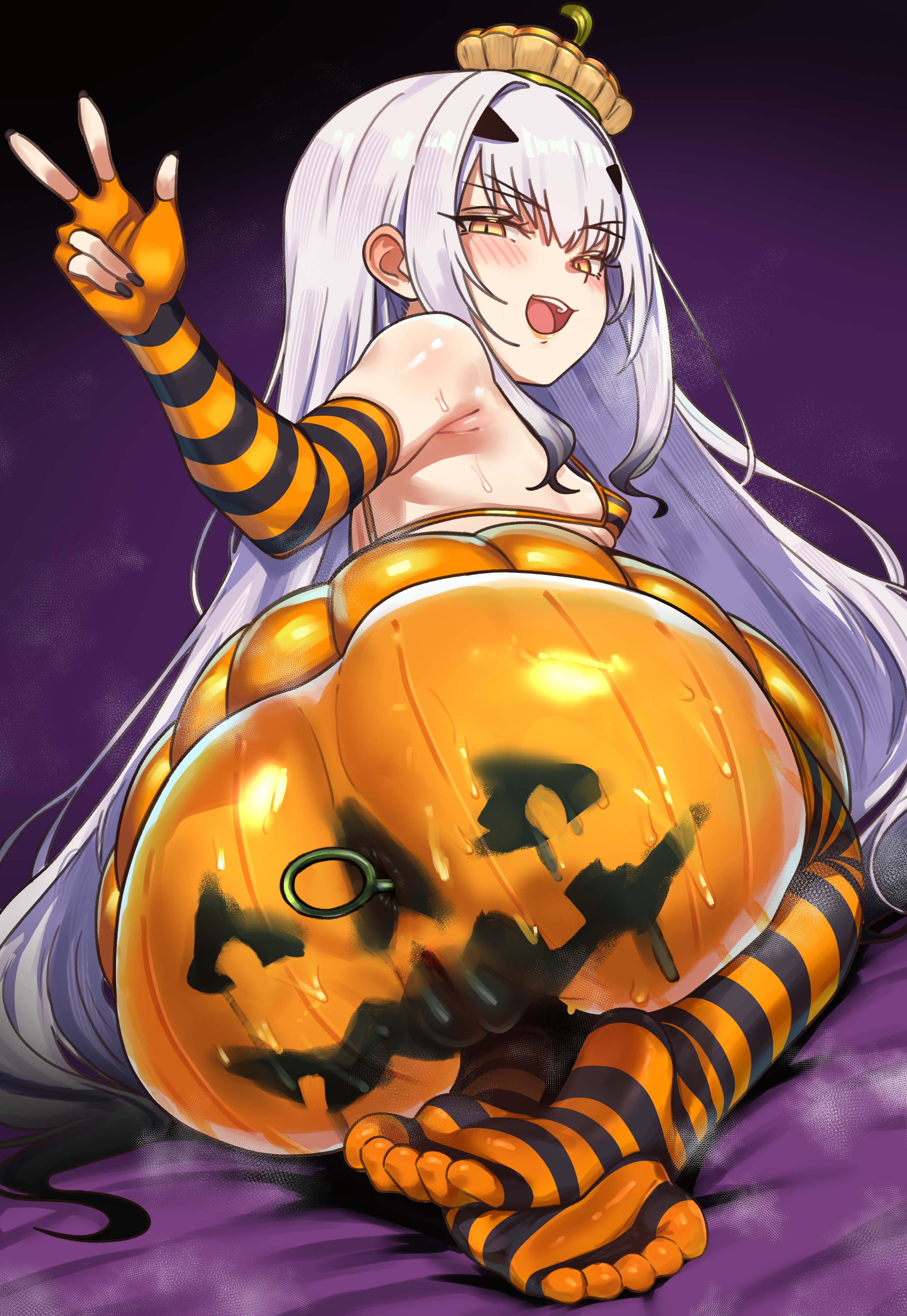 1girl, absurdres, anal, anal object insertion, anus, ass, bare shoulders, bikini, blush, bodypaint, breasts, ebora, elbow gloves, fate (series), fate/grand order, feet, fingerless gloves, forked eyebrows, gloves, halloween costume, hat, highres, kneeling, long hair, looking at viewer, melusine (fate), micro bikini, object insertion, open mouth, orange bikini, orange gloves, orange hat, orange skirt, orange thighhighs, pumpkin costume, pussy, sidelocks, skirt, small breasts, smile, soles, solo, striped clothes, striped gloves, striped thighhighs, swimsuit, thighhighs, thighs, white hair, yellow eyes