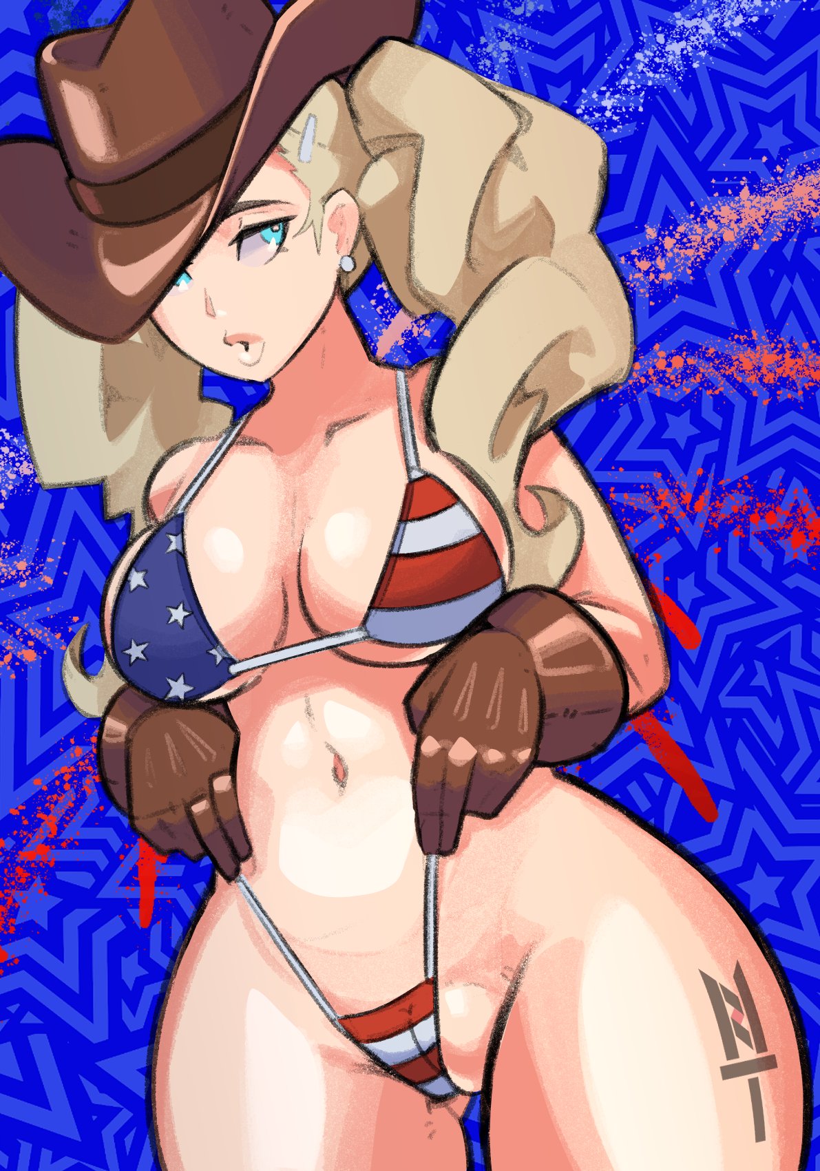 4th_of_july alternate_version_available american_flag_bikini ann_takamaki breasts cowboy_gloves cowboy_hat independence_day ntazrael persona persona_5 tagme usa_bikini
