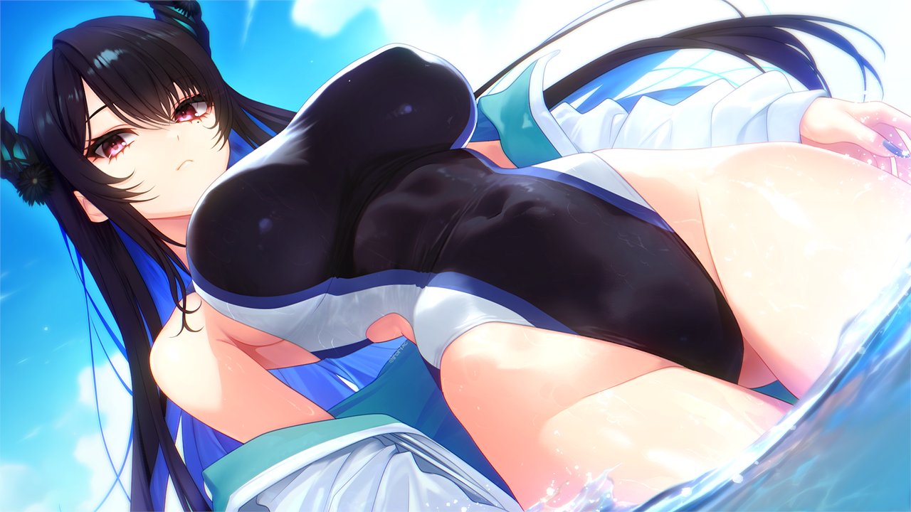 1girl, alternate costume, asymmetrical horns, bare shoulders, black hair, black horns, blue hair, blue nails, blue sky, breasts, closed mouth, cloud, cloudy sky, colored inner hair, commentary, covered erect nipples, covered navel, demon horns, dutch angle, english commentary, flower, from below, gluteal fold, hair between eyes, hololive, hololive english, horn flower, horns, irori (irorixc), jacket, large breasts, long hair, looking at viewer, mole, mole under eye, multicolored hair, nail polish, nerissa ravencroft, off shoulder, one-piece swimsuit, red eyes, sideboob, sky, solo, swimsuit, thigh gap, thighs, uneven horns, very long hair, virtual youtuber, wading, water, white jacket