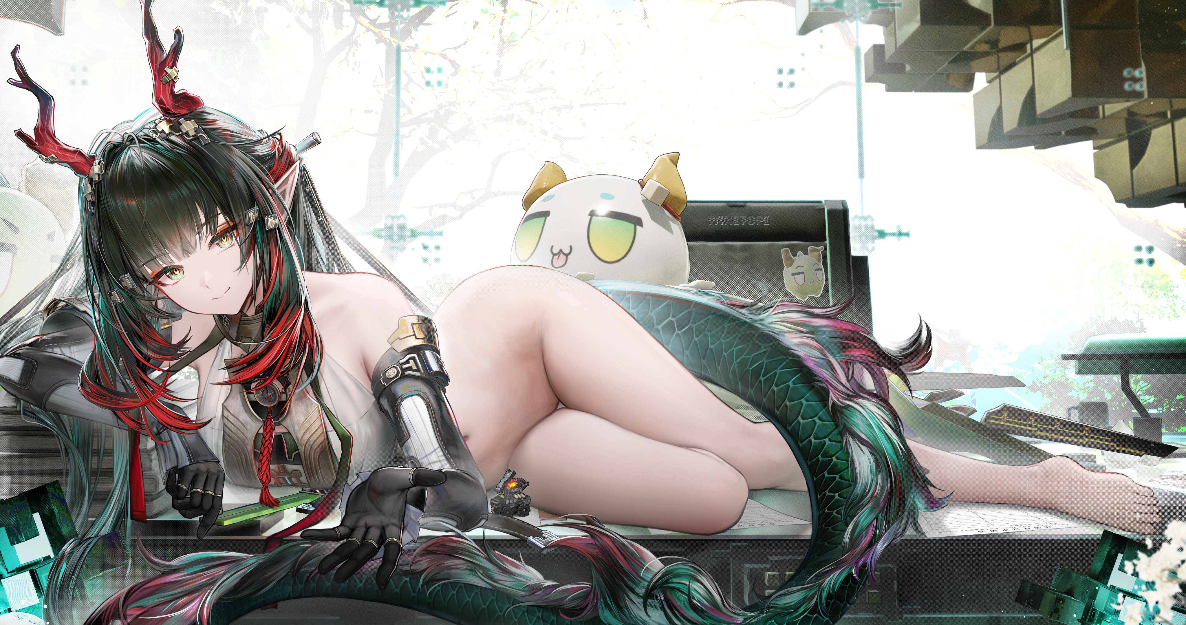 1girl, absurdres, adapted costume, arknights, arknights: endfield, bare shoulders, barefoot, black gloves, black hair, bottomless, breasts, closed mouth, dragon bean (arknights), dragon girl, dragon horns, dragon tail, eastern dragon horns, eastern dragon tail, gloves, green eyes, green hair, highres, horns, indoors, irvinetope, large breasts, long hair, looking at viewer, lying, multicolored hair, navel, pointy ears, pussy, red hair, red horns, scales, smile, solo, tail, uncensored, zhuang fangyi (arknights: endfield)