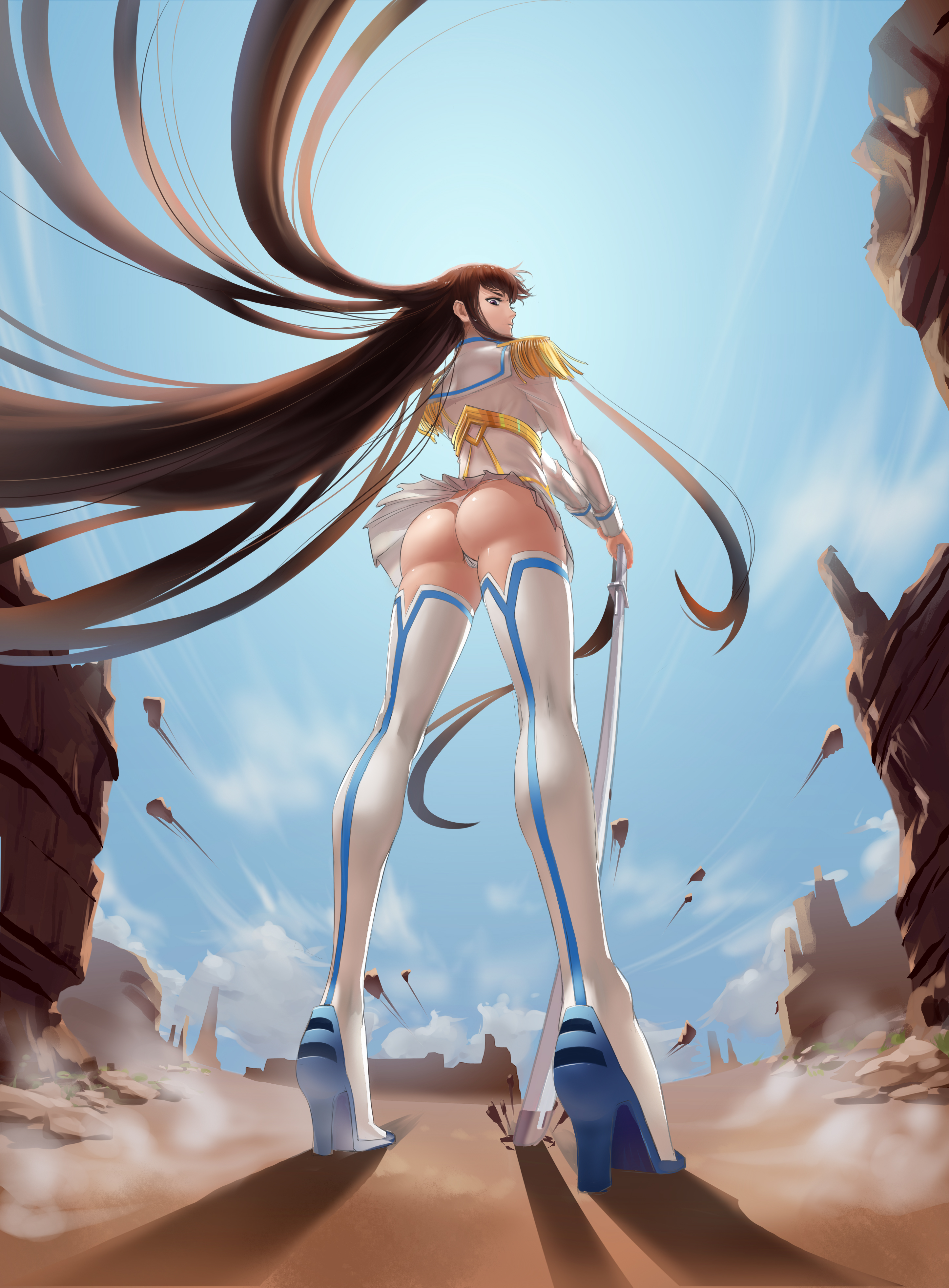 1girls, 930426 (pixiv), absurdres, ass, bakuzan, blue eyes, boots, brown hair, cloud, desert, epaulettes, female, female only, from below, high heels, highres, junketsu, katana, kill la kill, kiryuuin satsuki, long hair, looking back, scabbard, sheathed, shiny, shiny skin, skirt, sky, solo, sword, thigh boots, thighhighs, thong, very long hair, weapon