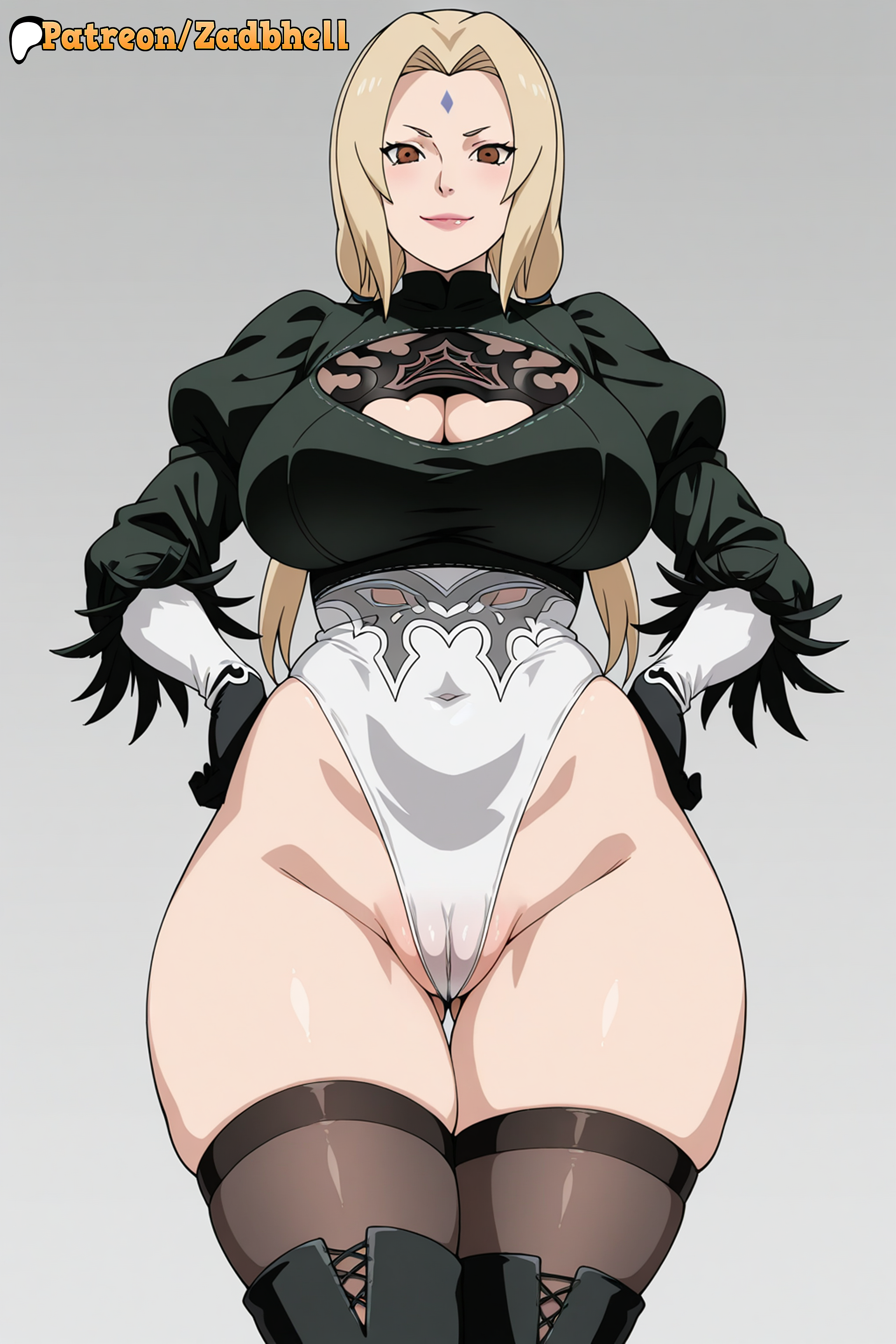 1girls, ai generated, anus, ass, breasts, cameltoe, clitoris, cosplay, curvy, curvy figure, female, female only, huge ass, huge breasts, light skin, light-skinned female, long hair, looking at viewer, mature female, milf, naruto, naruto (classic), naruto (series), naruto shippuden, pubic hair, pussy, smile, thick thighs, thighs, thong, tsunade, underwear, yorha 2b, yorha 2b (cosplay), zadbhell