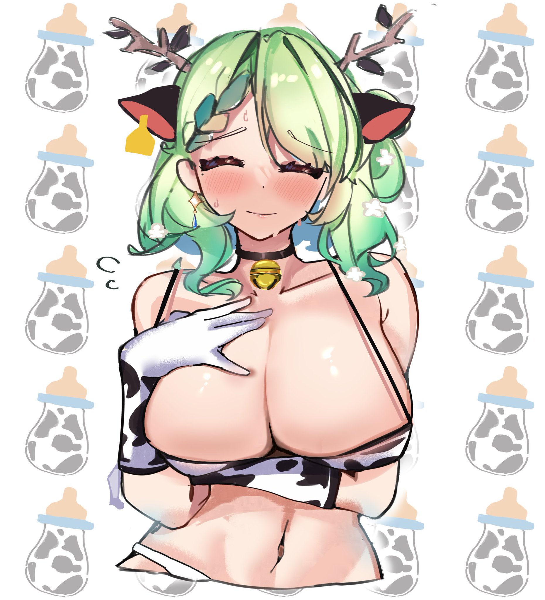 1girls, aurwoora (jellen aura), beauty mark, bikini top, blush, breasts, ceres fauna, choker, closed eyes, cow ears, cow print, cowbell, cowkini, embarrassed, eyebrows visible through hair, female, female only, grey hair, hand on breast, hololive, hololive english, hololive english -council-, hololive english -promise-, horns, large breasts, light skin, light-skinned female, long gloves, medium breasts, milk bottle, single braid, solo, sweatdrop, virtual youtuber