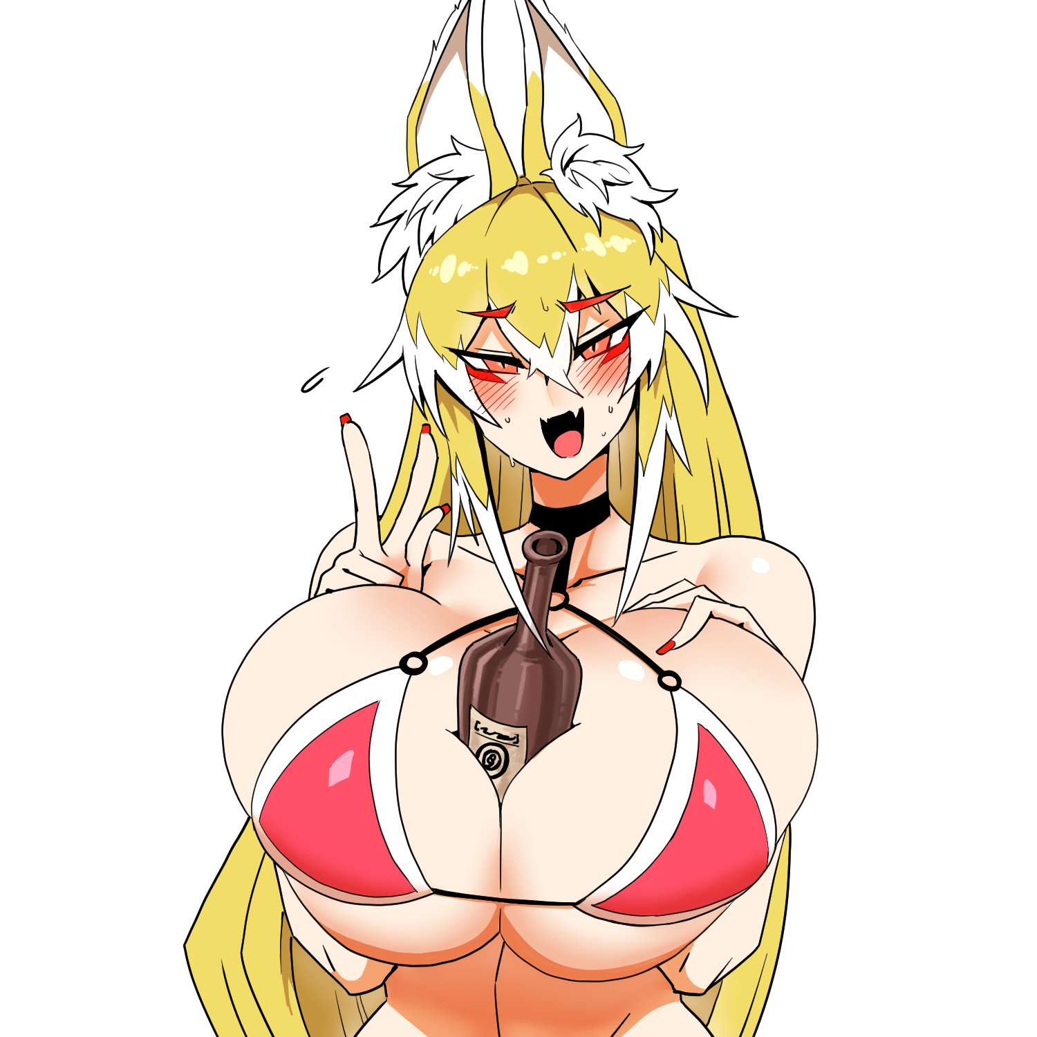 alcohol, animal ears, beer bottle, between breasts, big breasts, bikini, blonde female, blonde hair, blush, bottle, breasts, choker, cleavage, drunk, embarrassed, female, fox ears, fox girl, furry ears, highlights hairs, kemonomimi, kitsune, mannungei, painted nails, peace sign, red eyebrows, red eyes, red nails, skin fang, sweat, two-tone hair, v sign, white hair