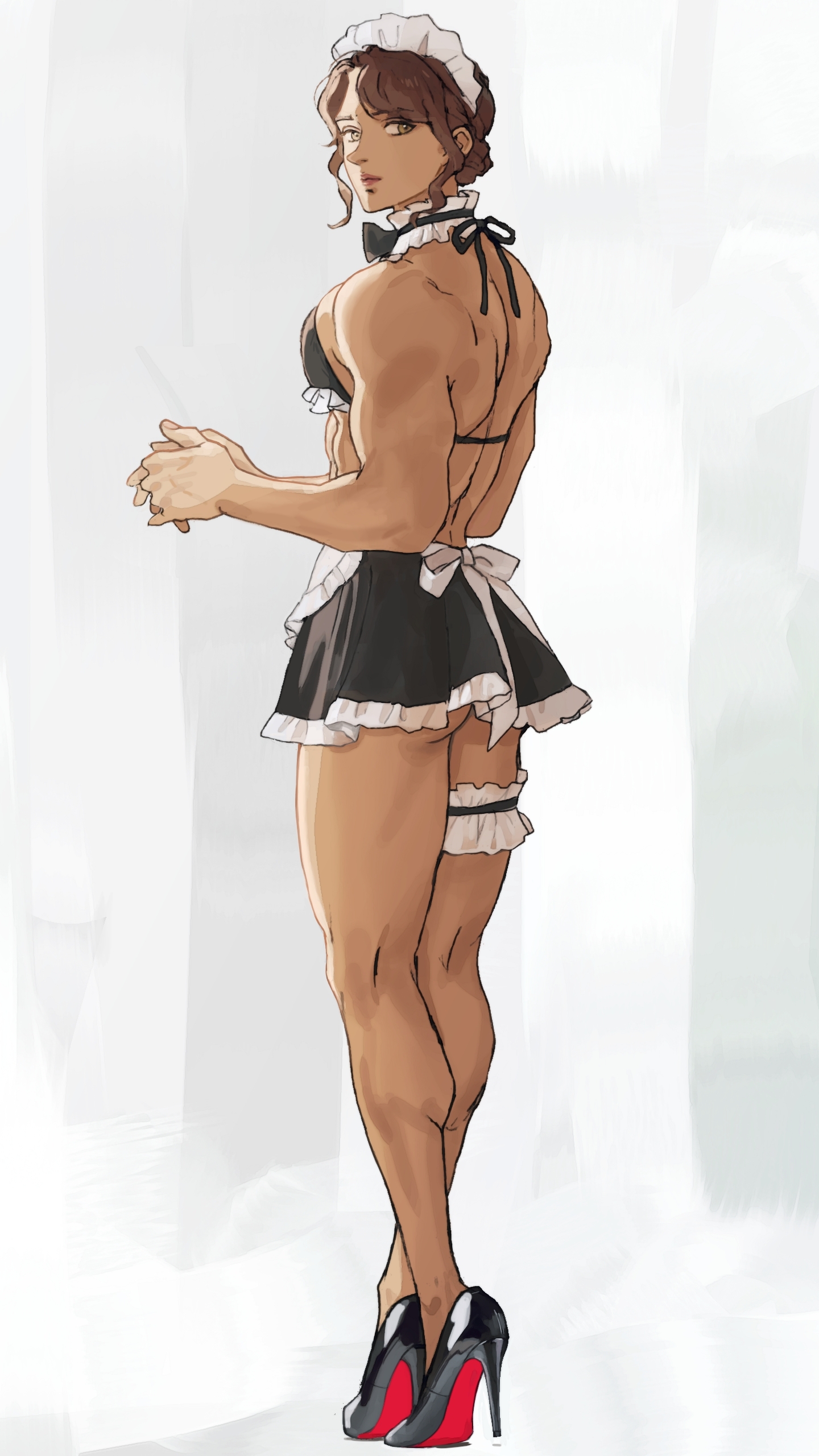 1boy, ambush (trap), bishonen, bra, brown hair, calves, crossdressing, dark skin, dark-skinned femboy, dark-skinned male, femboy, green eyes, high heels, legs, maid, maid headdress, maid uniform, male, miromari7, muscles, muscular, muscular male, solo, toned, toned male, trap