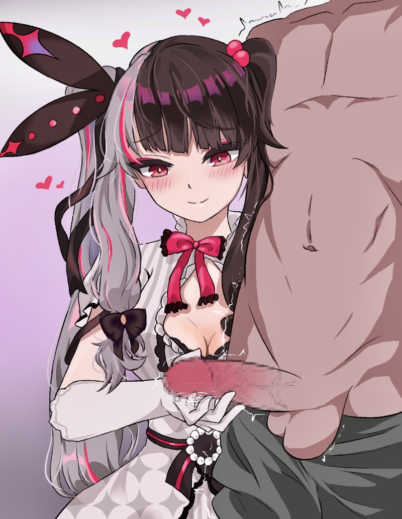 1boy 1girls bangs black_hair black_ribbon blush breasts censored cleavage cleavage_cutout clothing_cutout dark-skinned_male dark_skin dress elbow_gloves female frilled_dress frills glansjob gloved_handjob gloves grey_hair hair_bobbles hair_ornament hair_ribbon handjob heart height_difference interracial light-skinned_female light_skin long_hair looking_at_penis medium_breasts mosaic_censoring multicolored_hair navel nijisanji orgasm penis puffy_short_sleeves puffy_sleeves red_eyes red_hair ribbon short_sleeves sidelocks solo_focus split-color_hair straight streaked_hair trembling twintails two-tone_hair very_long_hair virtual_youtuber wartr18 white_dress white_gloves yorumi_rena