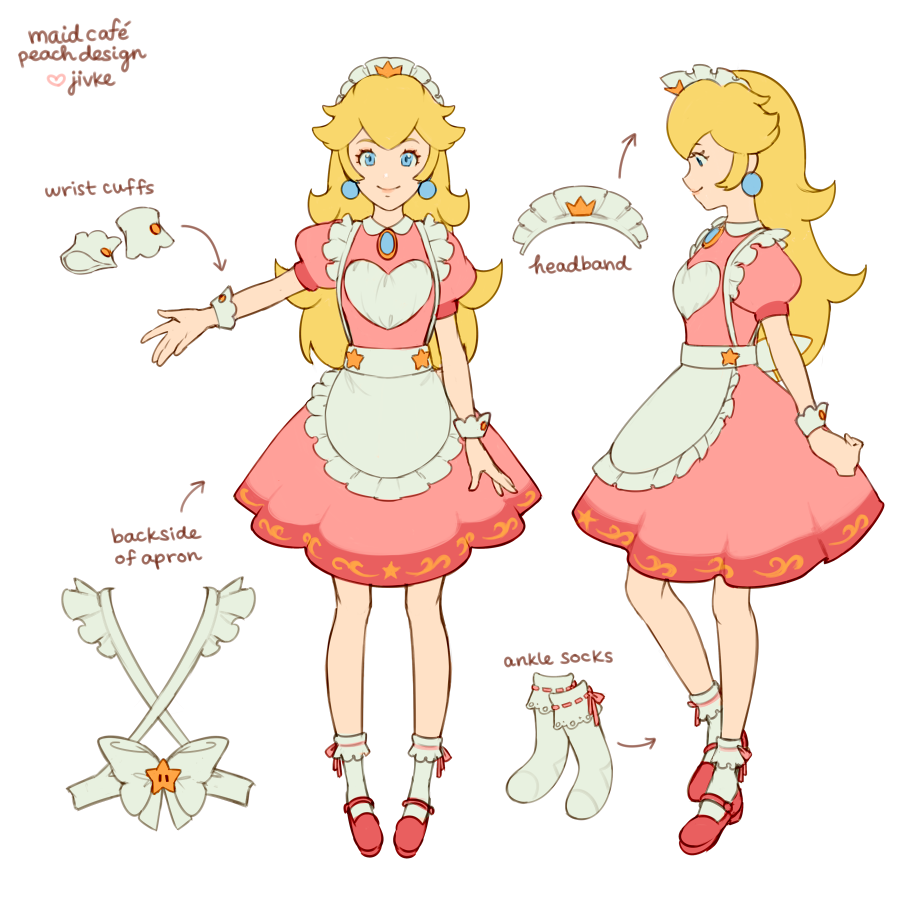 ankle_socks anklehighs anklewear apron blonde_female blonde_hair blue_eyes breasts character_sheet clothing earrings female footwear frilled_legwear frilled_socks headband headwear heart_cutout human jivke loafers long_hair maid maid_headdress maid_uniform mario_(series) nintendo pale_skin princess_peach small_breasts smiling socks white_socks wrist_cuffs wristwear