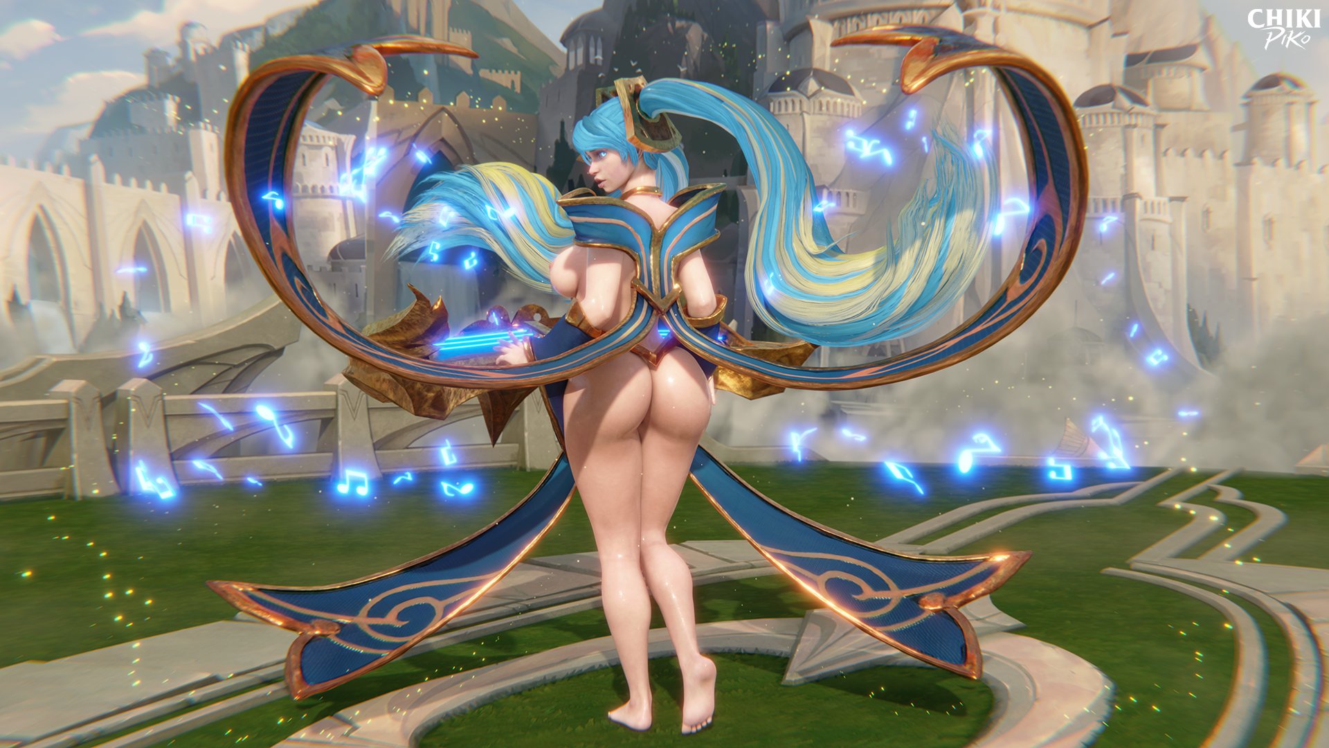 3d, 3d (artwork), ass, big ass, big breasts, big butt, blender, blender (software), blonde hair, blue eyes, blue hair, breasts, busty, chikipiko (artist), curvy, cute, enjoying, excited, female, hourglass figure, league of legends, looking pleasured, medium hair, nude, pleasure face, pose, posing, seductive, seductive look, sensual, sona buvelle, thick, thick ass, thick thighs, wide hips