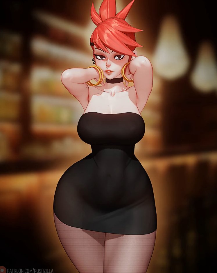 1girls, 3d, armpits, ass, big breasts, breasts, cartoon network, dress, fat ass, female, female only, foster's home for imaginary friends, frankie foster, front view, light skin, light-skinned female, looking at viewer, microdress, piercing, red hair, rushzilla, solo, solo female, thick thighs, tied hair, wide hips