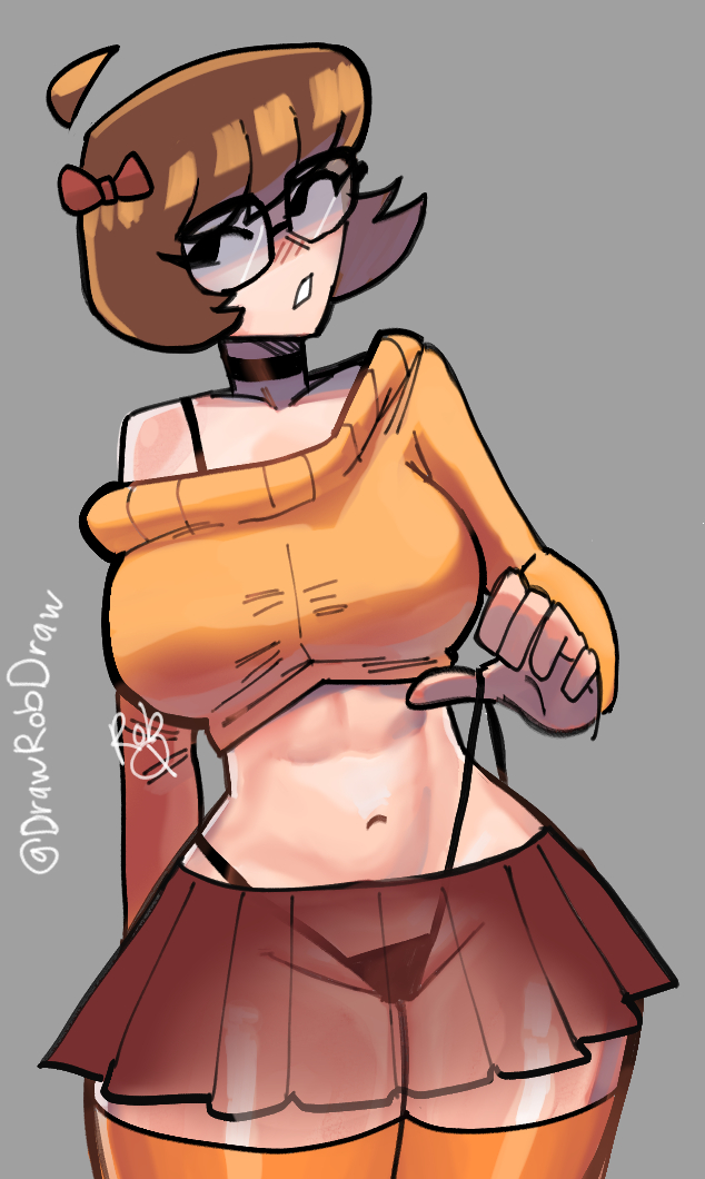 1girls, alternate version available, ass, big ass, big breasts, big hips, black eyes, breasts, brown hair, cartoon network, drawrobdraw2, female, female only, glasses, hips, navel, scooby-doo, short hair, signature, skirt, solo, text, thong, velma dinkley