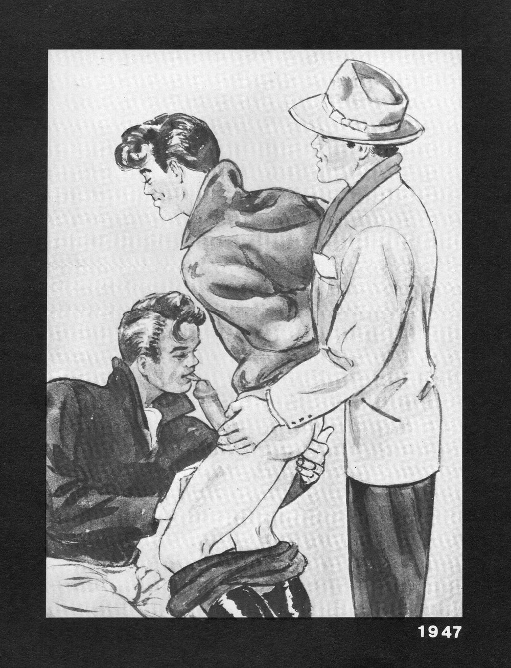 1947 3boys black_and_white blowjob fingering gay grabbing_from_behind greaser male male_focus male_only no_color nude_male penis_lick straight_hair tagme tom_of_finland traditional_media_(artwork) vintage