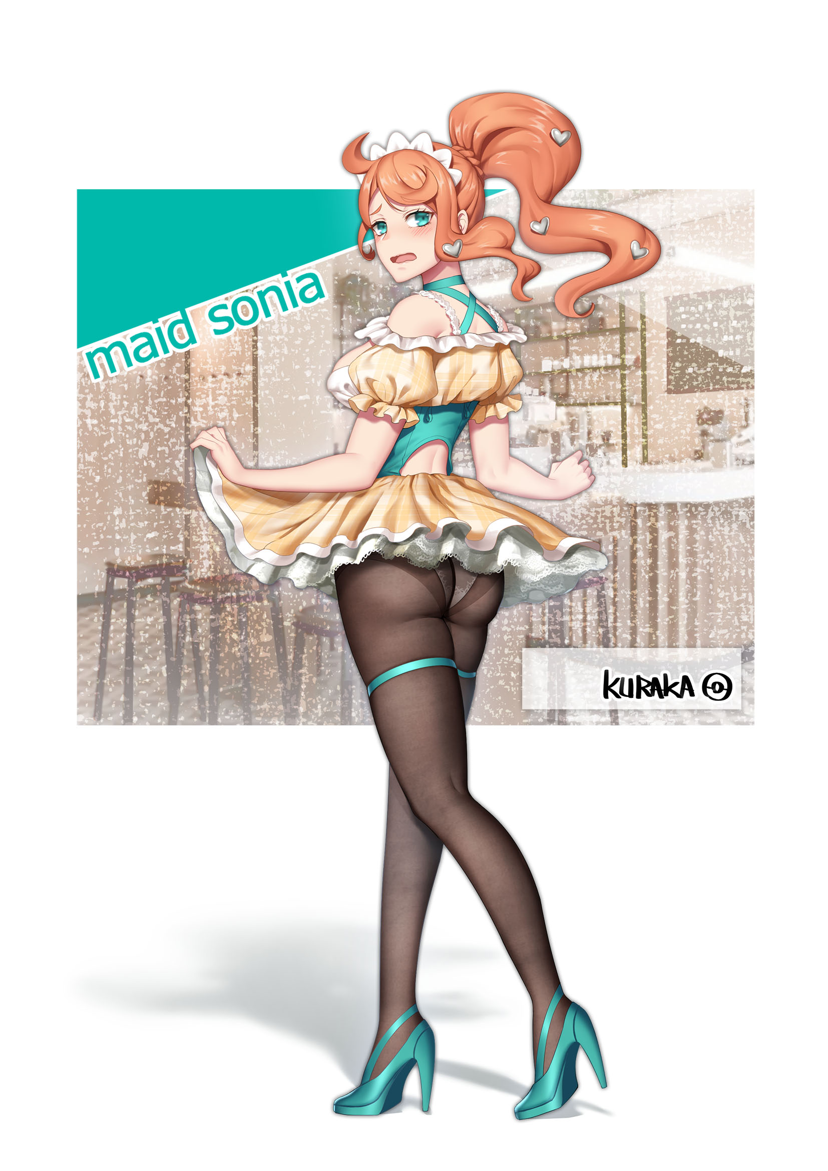 ass, breasts, cafe, corset, dress lift, enmaided, female, green eyes, green high heels, heart hair ornament, high heels, kuraka, large breasts, leggings, maid, maid headdress, maid uniform, microskirt, nintendo, orange hair, panties, panties under pantyhose, pokemon, pokemon ss, ponytail, skirt, sonia (pokemon), thigh strap, waitress, white panties
