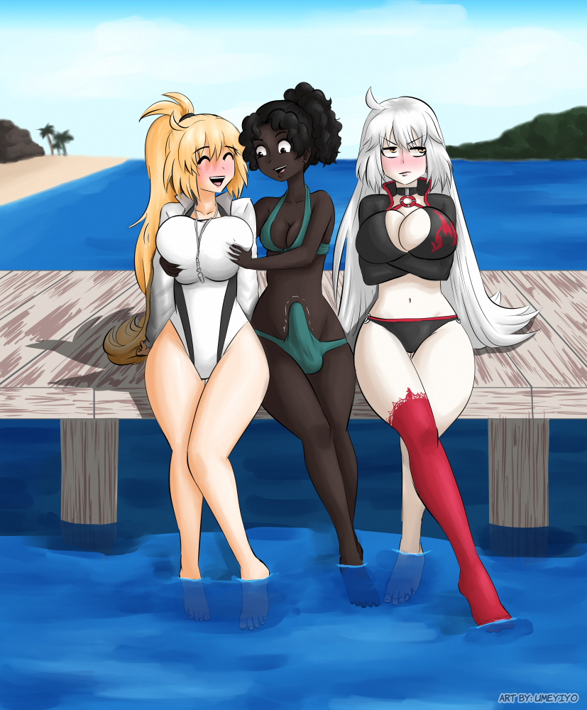 1futa 2girls beach big_breasts big_penis bikini black_bikini black_body black_hair blonde_hair breasts closed_eyes clothed clothing dark-skinned_futanari dock erection fate/grand_order fate_(series) feet_in_water female fully_clothed futanari grabbing_breasts green_bikini human jealous jeanne_alter jeanne_d'arc_(fate) large_breasts lifeguard light-skinned_female light_skin long_hair medium_breasts mostly_nude one-piece_swimsuit partially_clothed penis penis_under_swimsuit ponytail sitting swimsuit umeyiyo whistle white_hair white_one-piece_swimsuit yellow_eyes