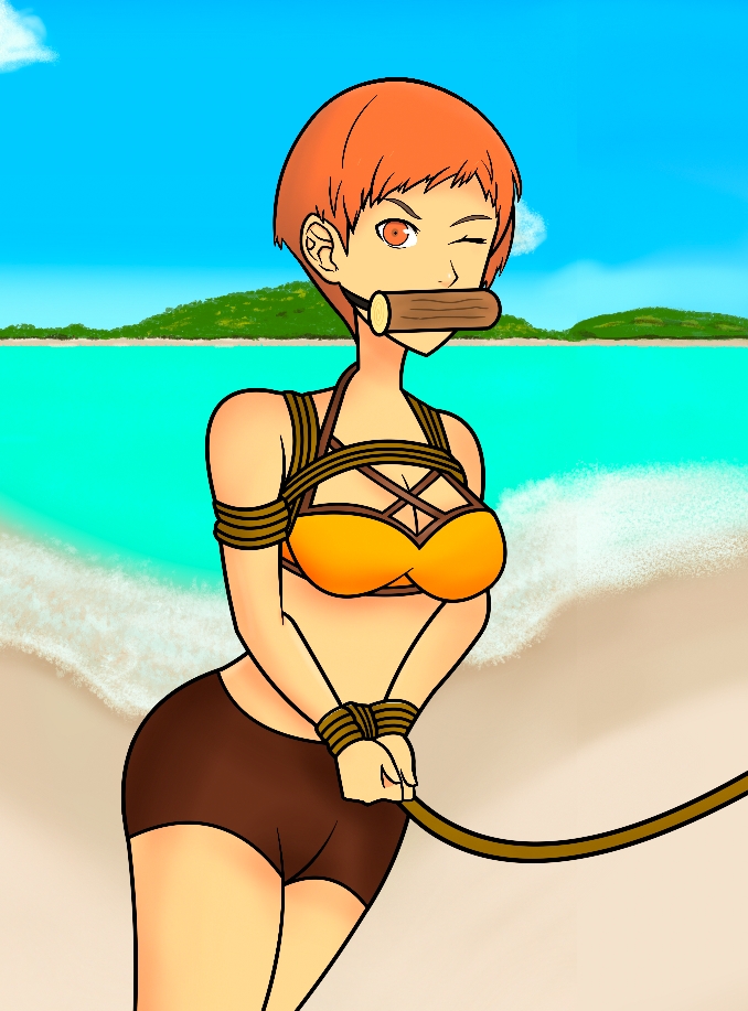 1girls alternate_costume beach bikini bondage bound bound_wrists breasts cleavage female female_only femsub fido_sama fire_emblem fire_emblem:_three_houses fire_emblem_heroes leash leonie_pinelli leonie_pinelli_(summer) looking_at_viewer medium_breasts nintendo ocean official_alternate_costume one_eye_closed orange_bikini orange_eyes orange_hair orange_swimsuit outdoors restrained short_hair shorts solo swimsuit very_short_hair walk_of_shame